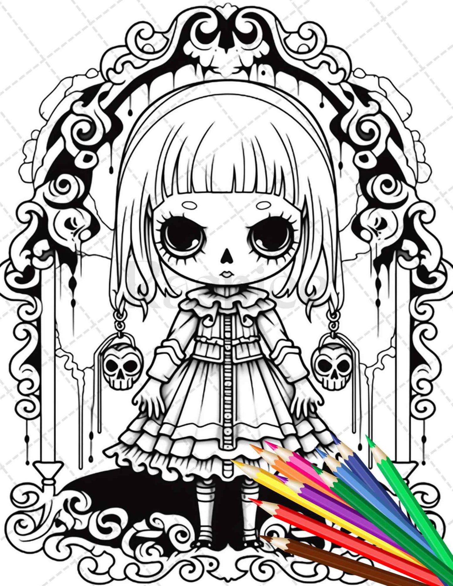 32 Creepy Kawaii Pastel Goth Coloring Pages Printable for Adults, Grayscale Coloring Page, PDF File Instant Download