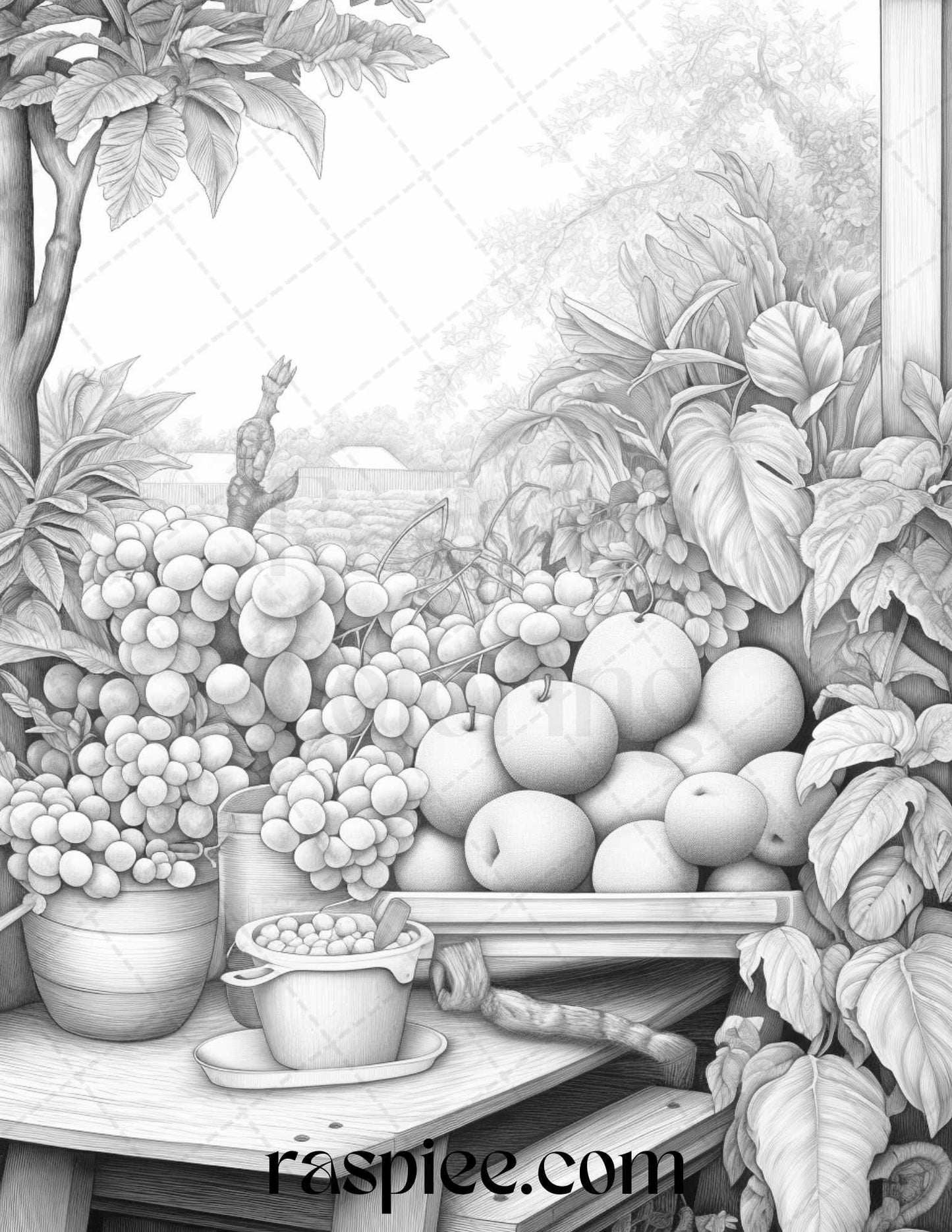 Relaxing Fruit Garden Grayscale Coloring Pages Printable for Adults, PDF File Instant Download