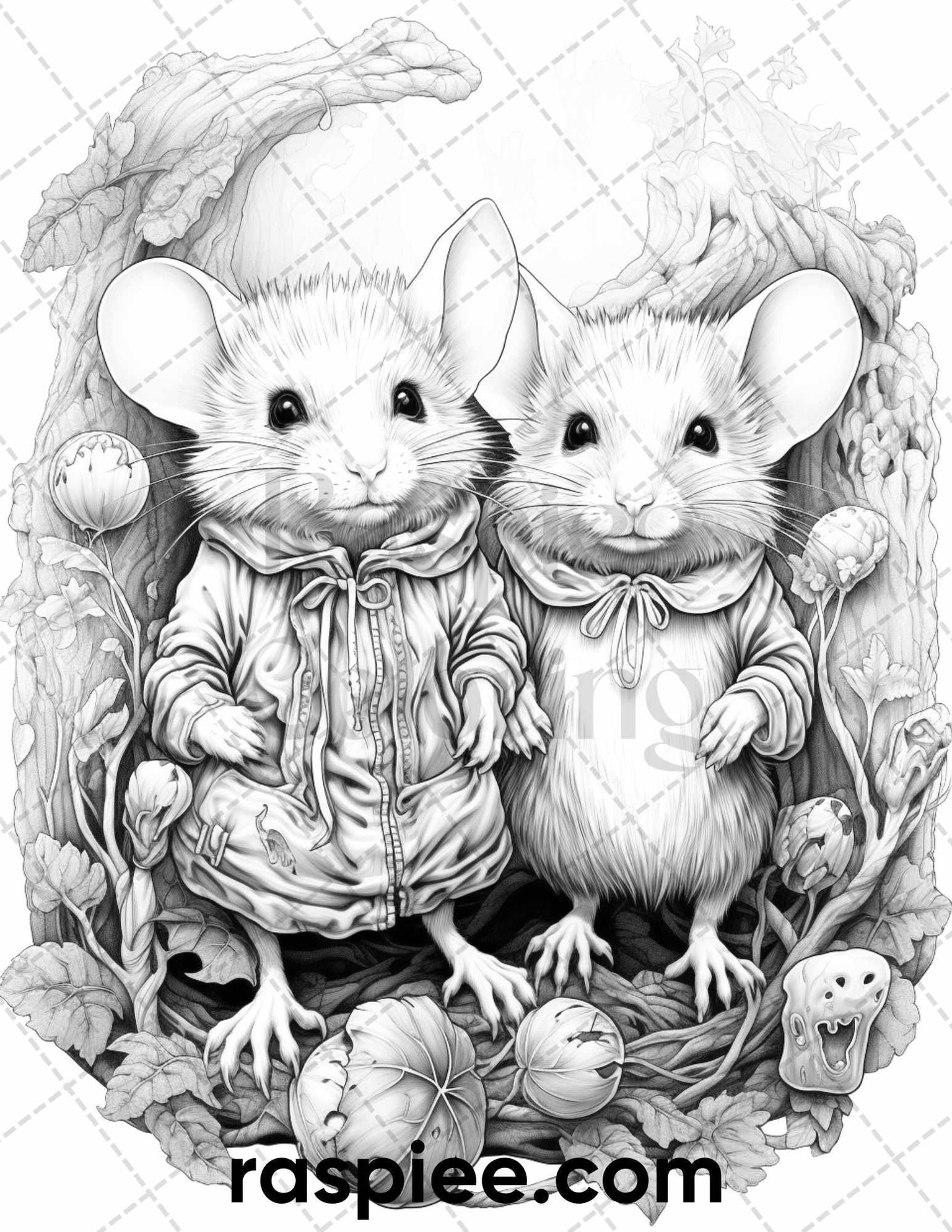 50 Enchanting Fairytale Mice Grayscale Coloring Pages Printable for Adults, PDF File Instant Download