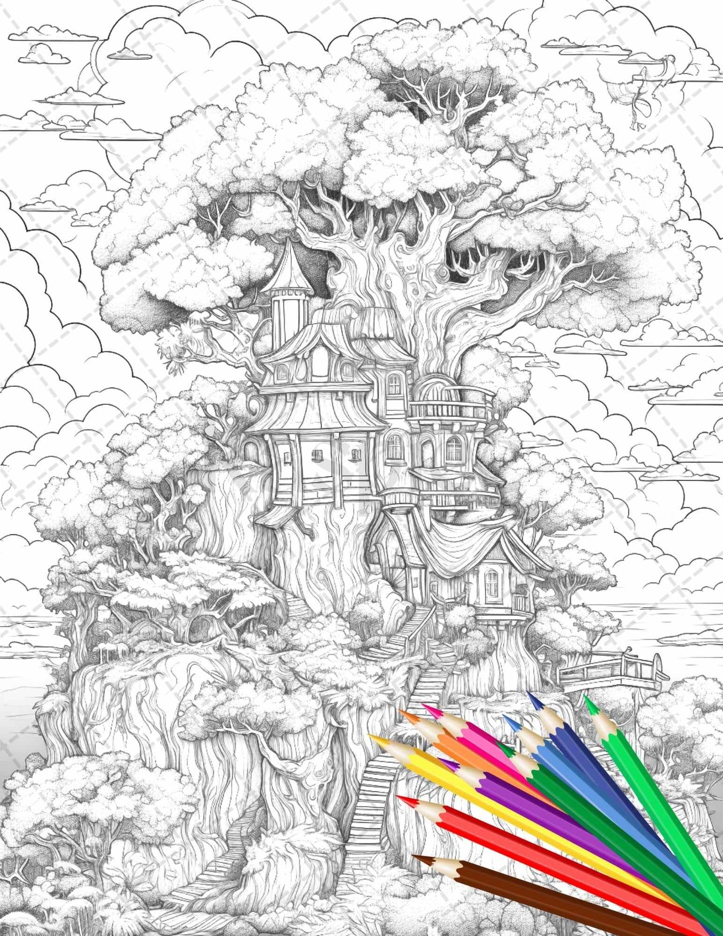 110 Enchanted Treehouse Coloring Book Printable for Adults, Grayscale Coloring Page, PDF File Instant Download