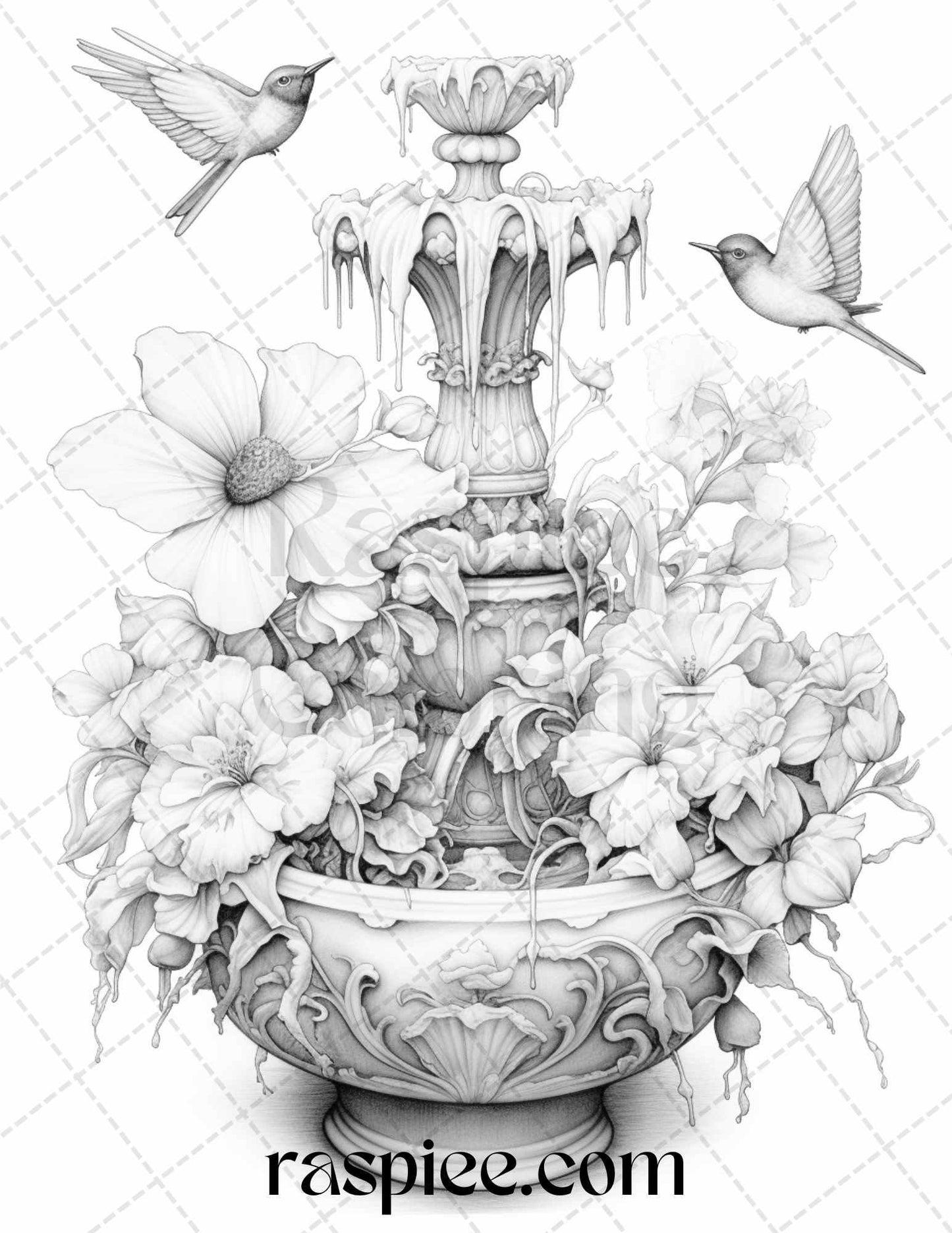 32 Blooming Fountains Grayscale Coloring Pages Printable for Adults, PDF File Instant Download