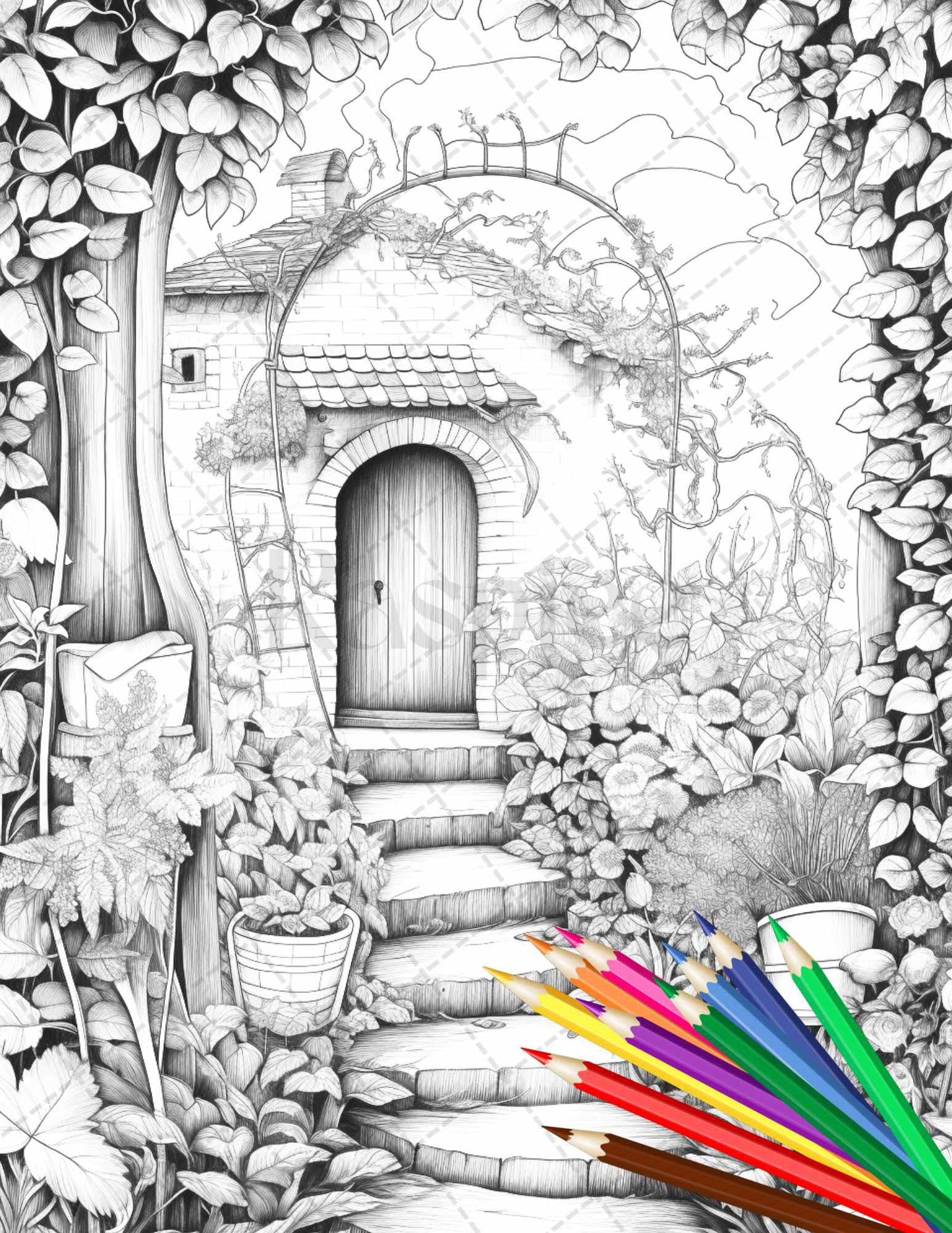 Secret Garden Coloring Pages Printable for Adults, Grayscale Coloring Page, PDF File Instant Download