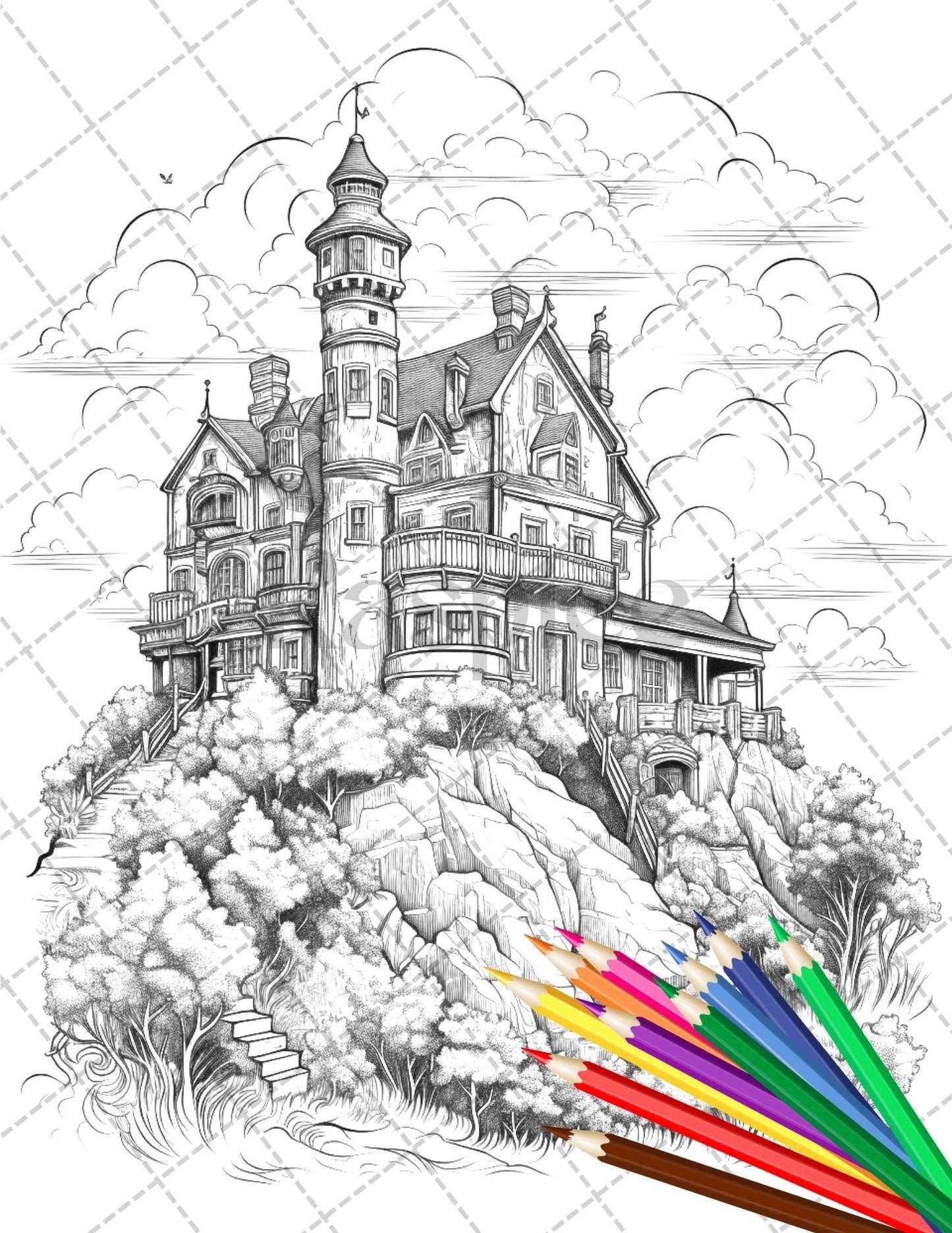 122 Fantasy Castles Coloring Book for Adults, Grayscale Coloring Page, Printable PDF Instant Download
