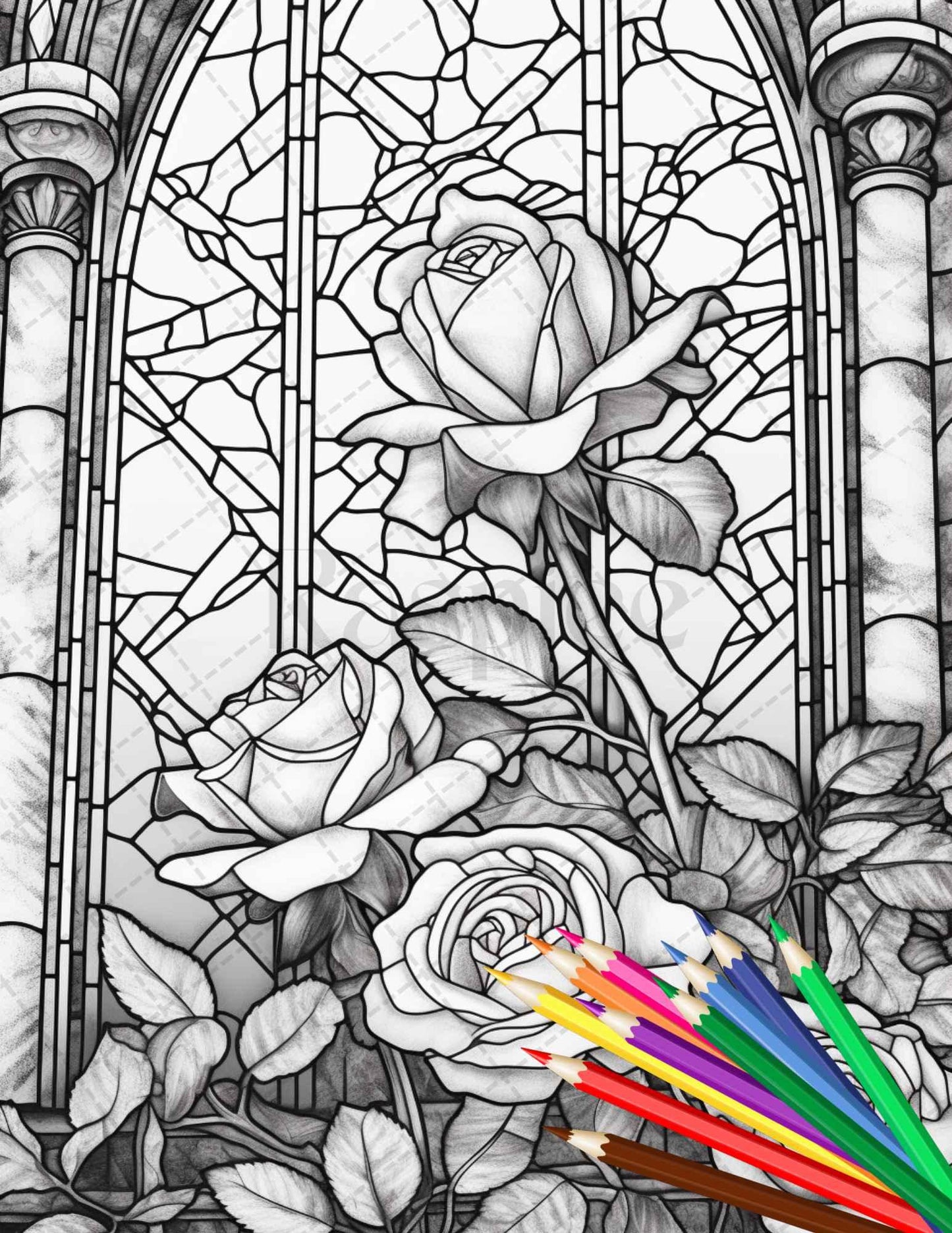 30 Stained Glass Flowers Grayscale Coloring Pages Printable for Adults, PDF File Instant Download