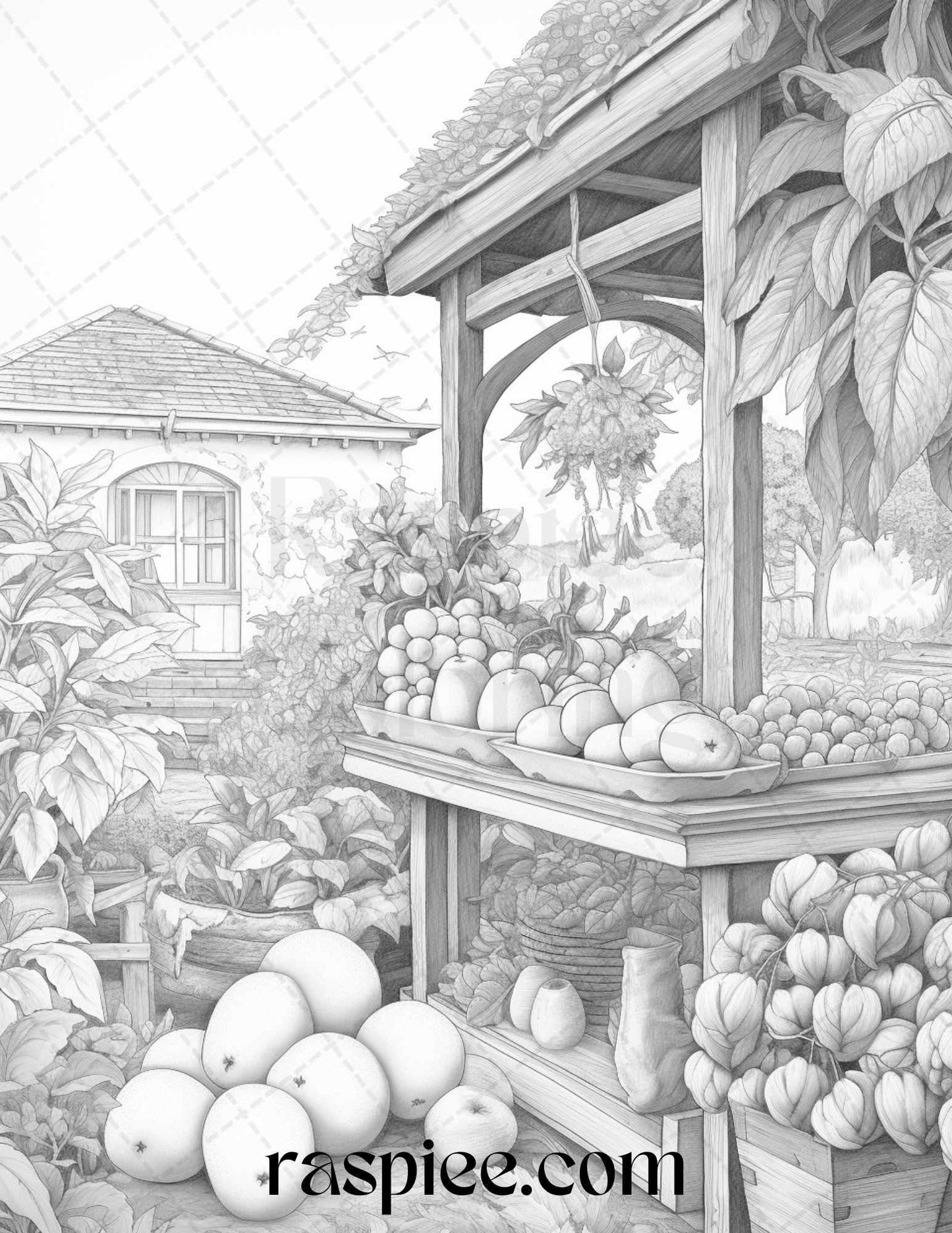Relaxing Fruit Garden Grayscale Coloring Pages Printable for Adults, PDF File Instant Download