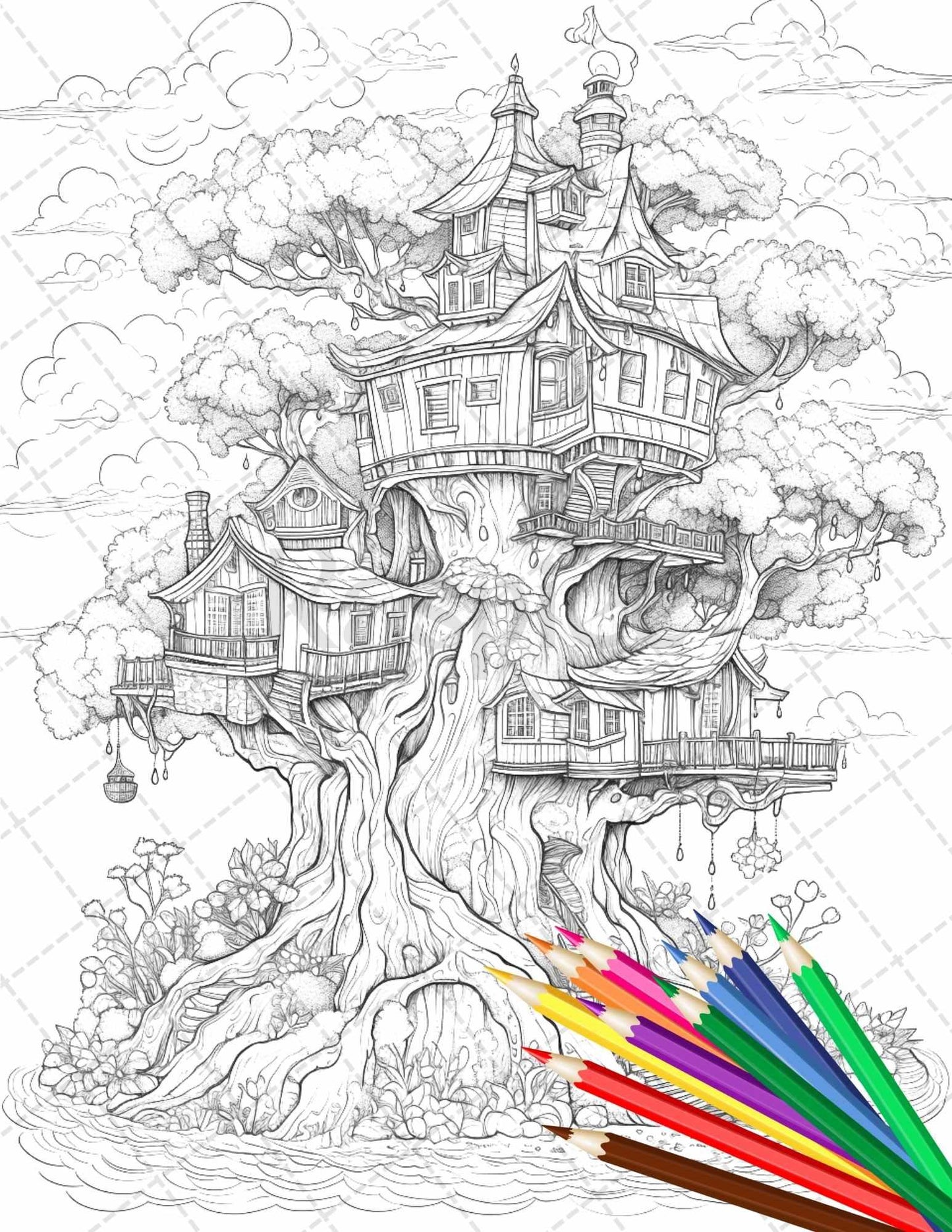 110 Enchanted Treehouse Coloring Book Printable for Adults, Grayscale Coloring Page, PDF File Instant Download