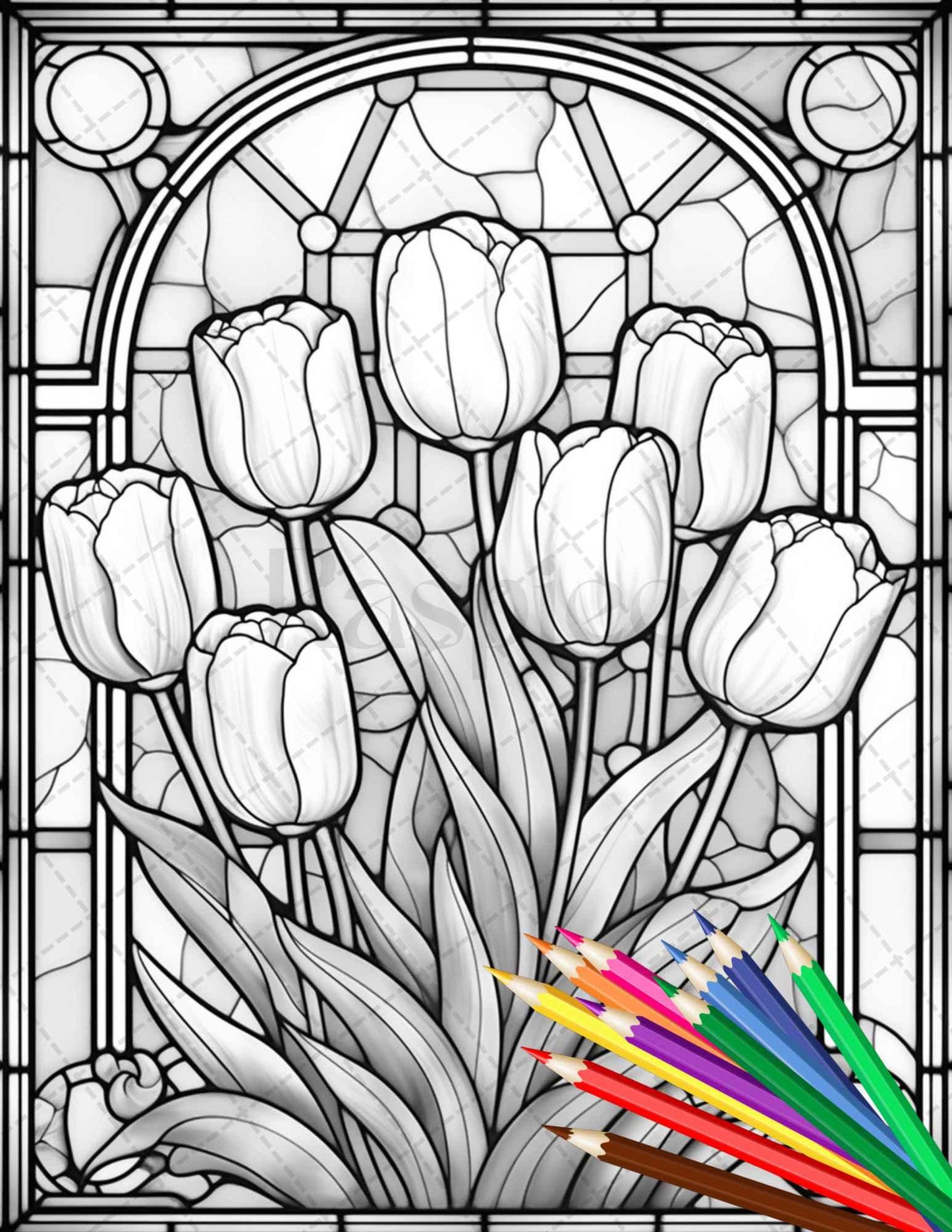 30 Stained Glass Flowers Grayscale Coloring Pages Printable for Adults, PDF File Instant Download