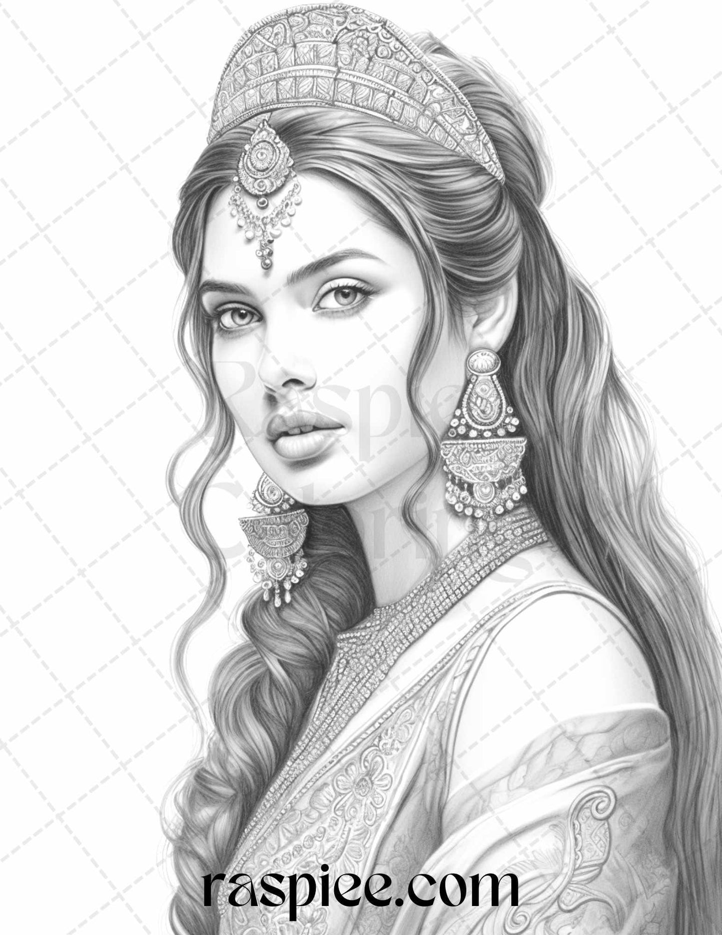 50 Beautiful Indian Women Grayscale Coloring Pages for Adults, Printable PDF File Instant Download