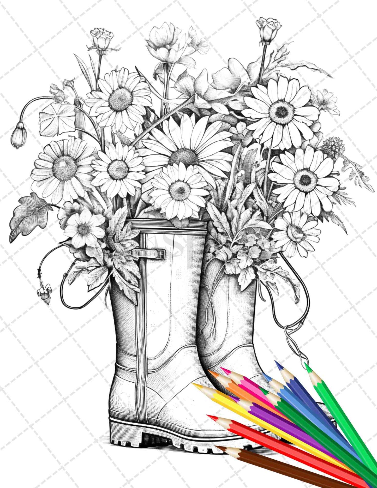 32 Flower Boots Coloring Pages Printable for Adults, Floral Grayscale Coloring Page, PDF File Instant Download
