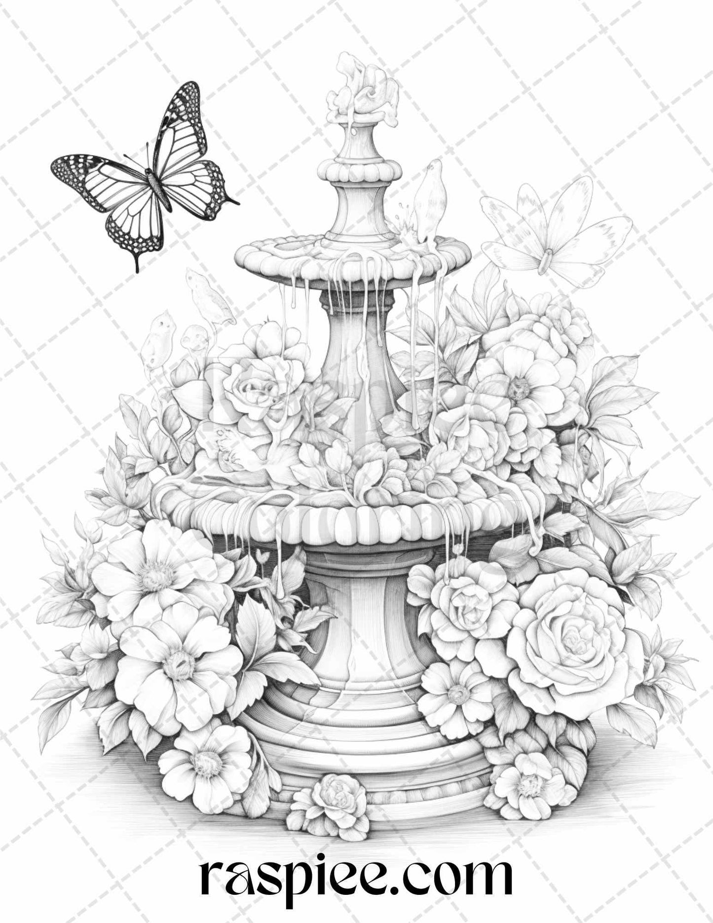 32 Blooming Fountains Grayscale Coloring Pages Printable for Adults, PDF File Instant Download