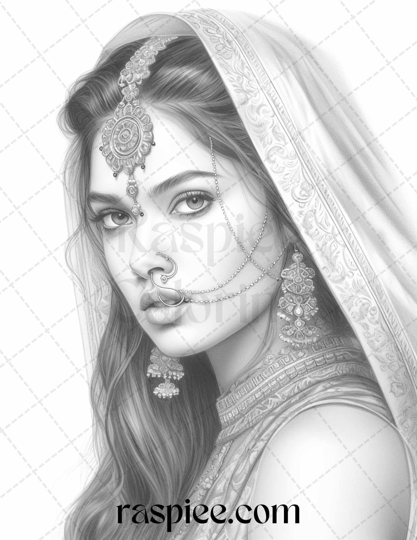 50 Beautiful Indian Women Grayscale Coloring Pages for Adults, Printable PDF File Instant Download