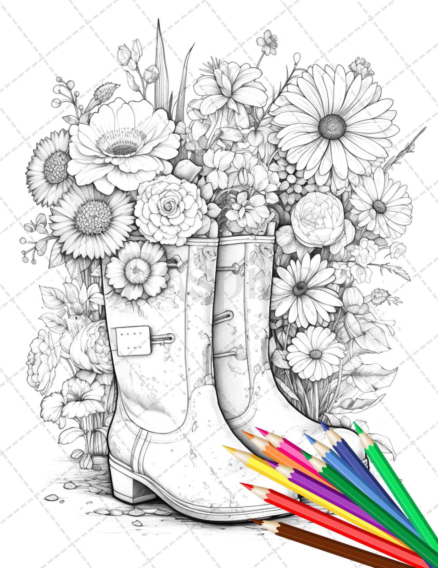 32 Flower Boots Coloring Pages Printable for Adults, Floral Grayscale Coloring Page, PDF File Instant Download