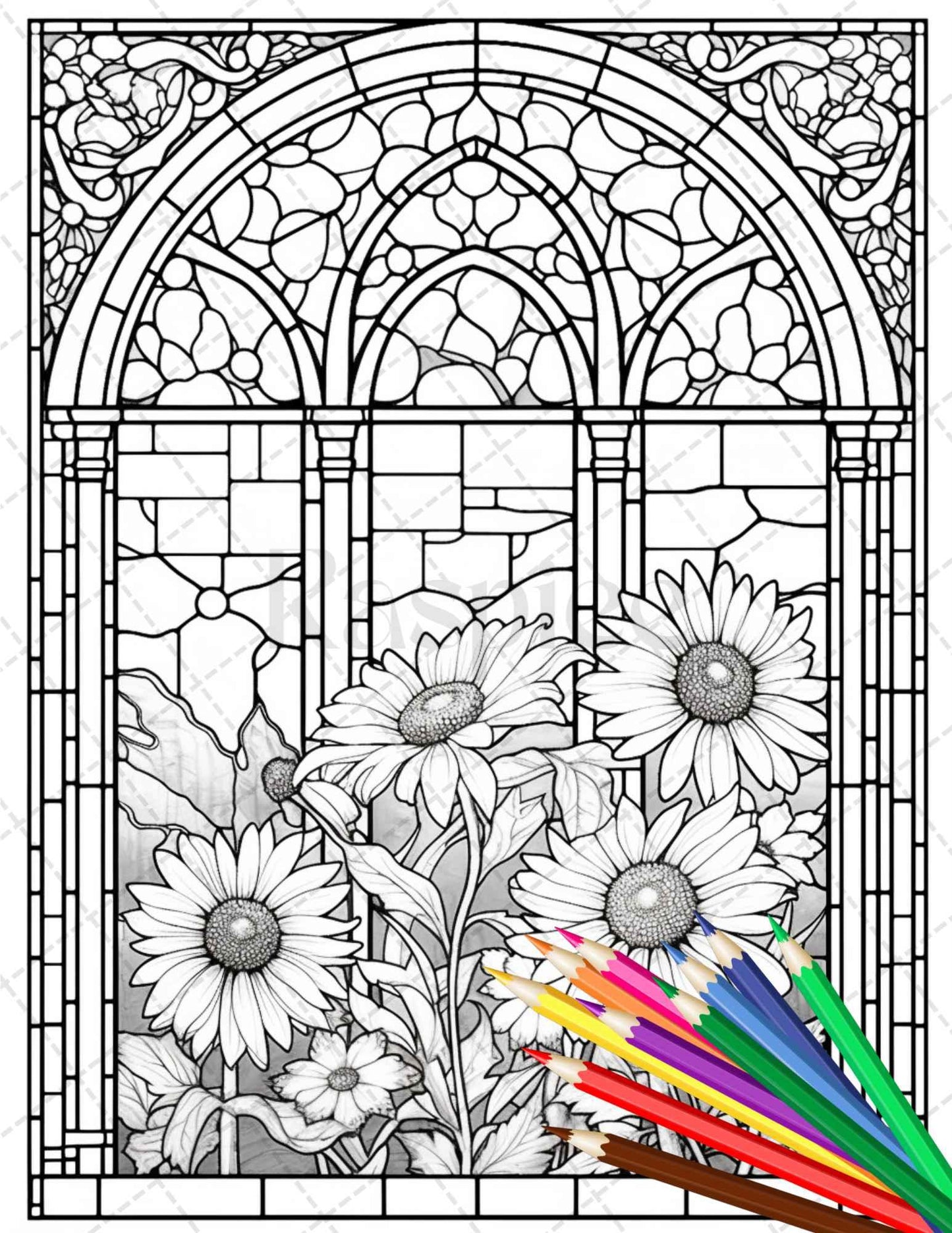 30 Stained Glass Flowers Grayscale Coloring Pages Printable for Adults, PDF File Instant Download