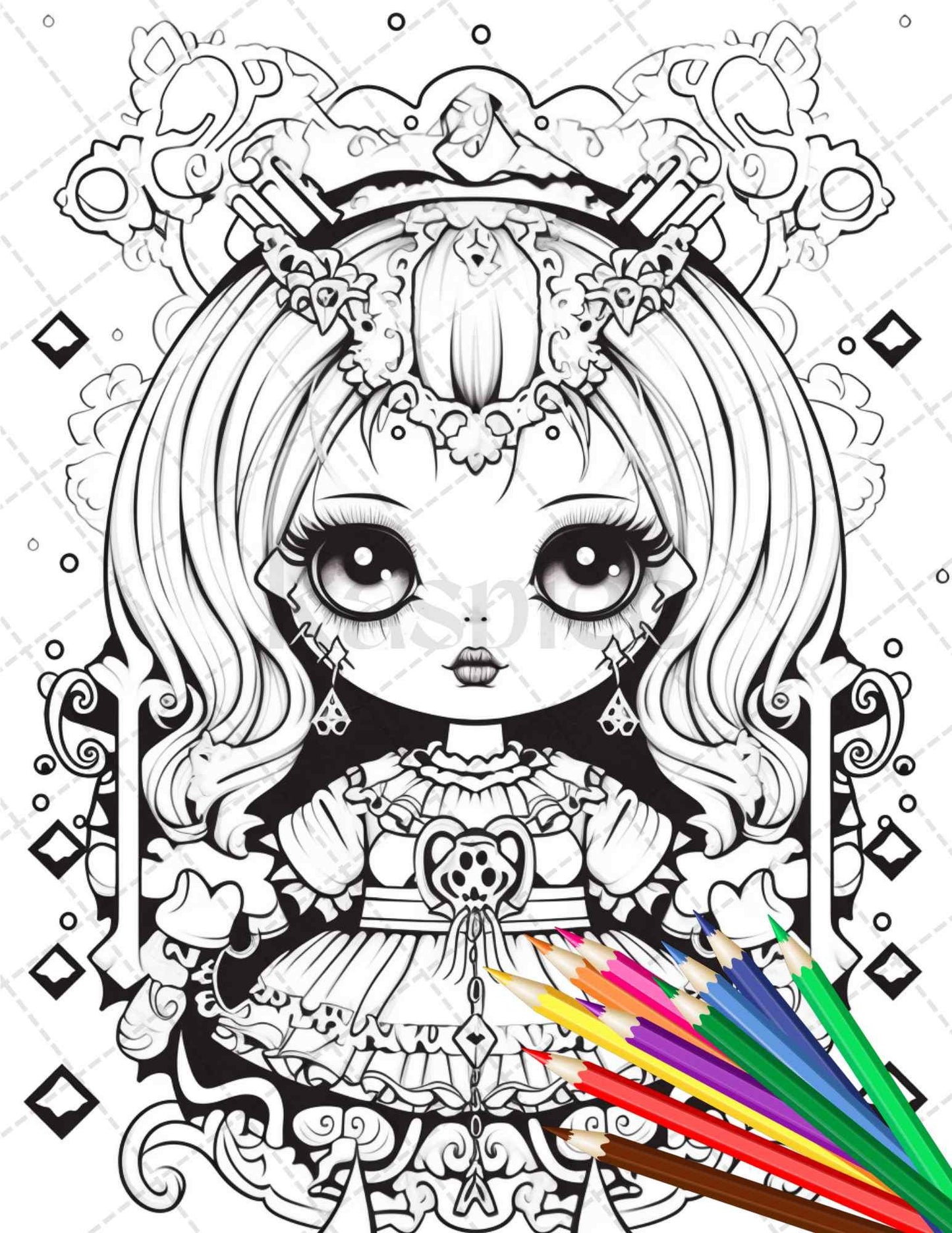32 Creepy Kawaii Pastel Goth Coloring Pages Printable for Adults, Grayscale Coloring Page, PDF File Instant Download