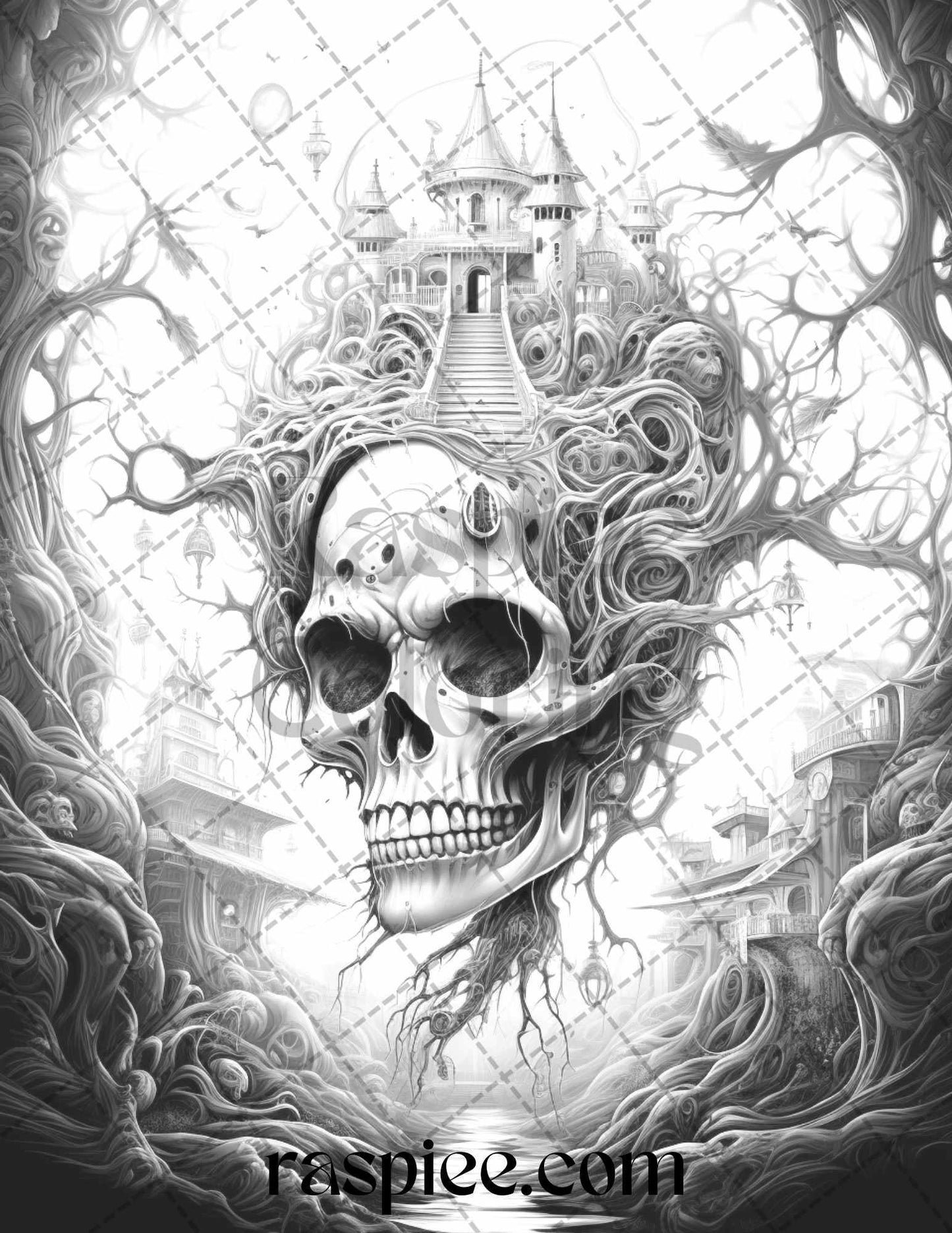 60 Halloween Nightmare Grayscale Coloring Pages Printable for Adults, PDF File Instant Download