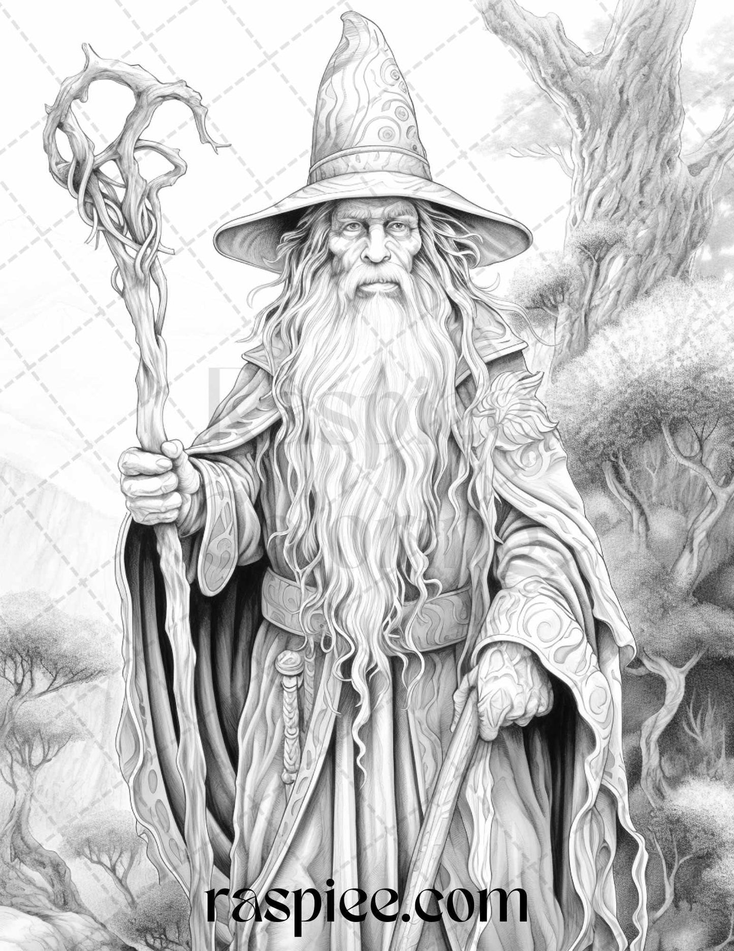 50 Magical Wizard Grayscale Coloring Pages for Adults, Printable PDF File Instant Download