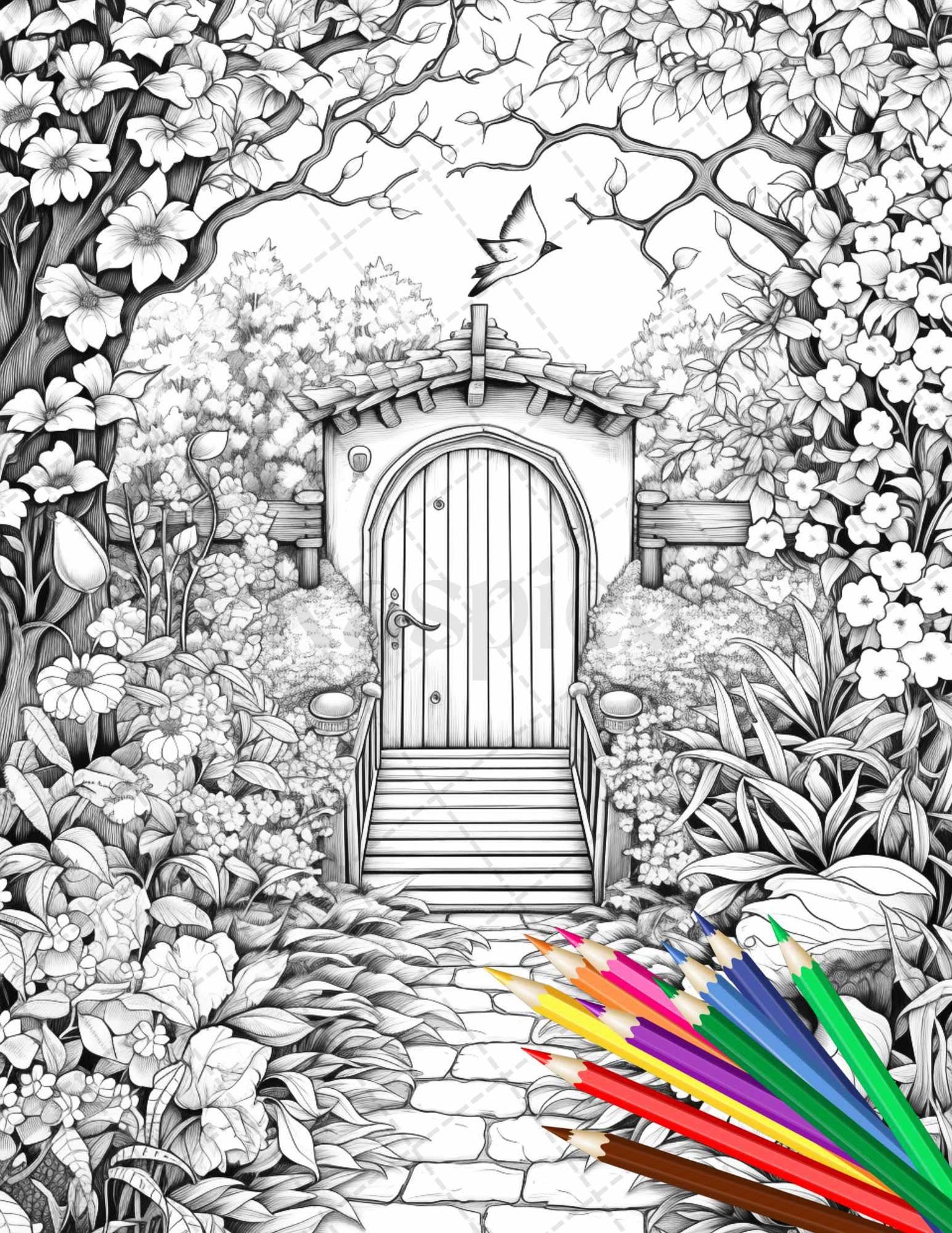 Secret Garden Coloring Pages Printable for Adults, Grayscale Coloring Page, PDF File Instant Download