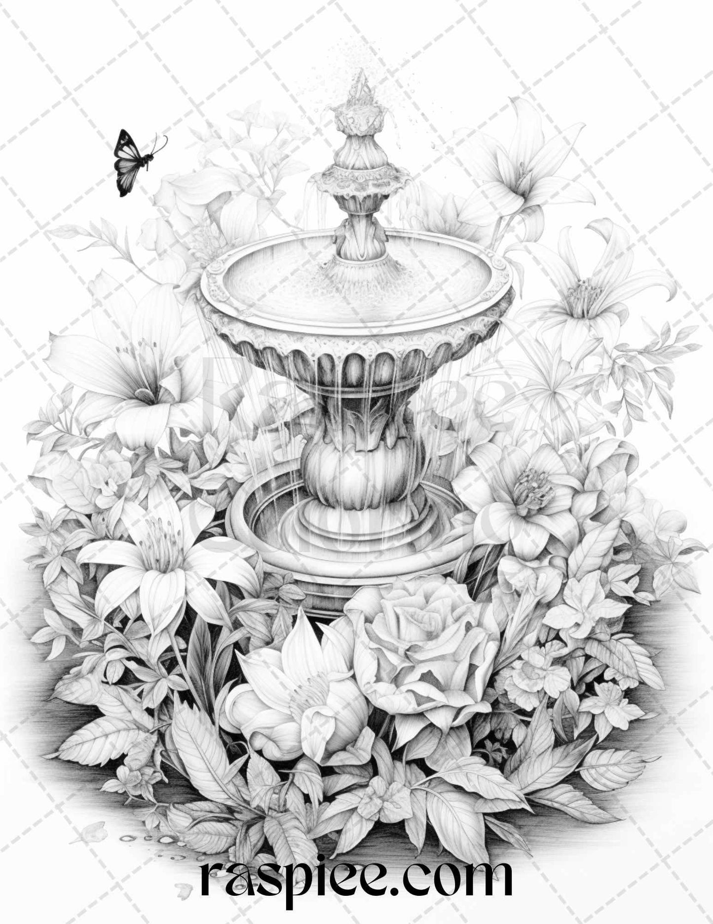 32 Blooming Fountains Grayscale Coloring Pages Printable for Adults, PDF File Instant Download