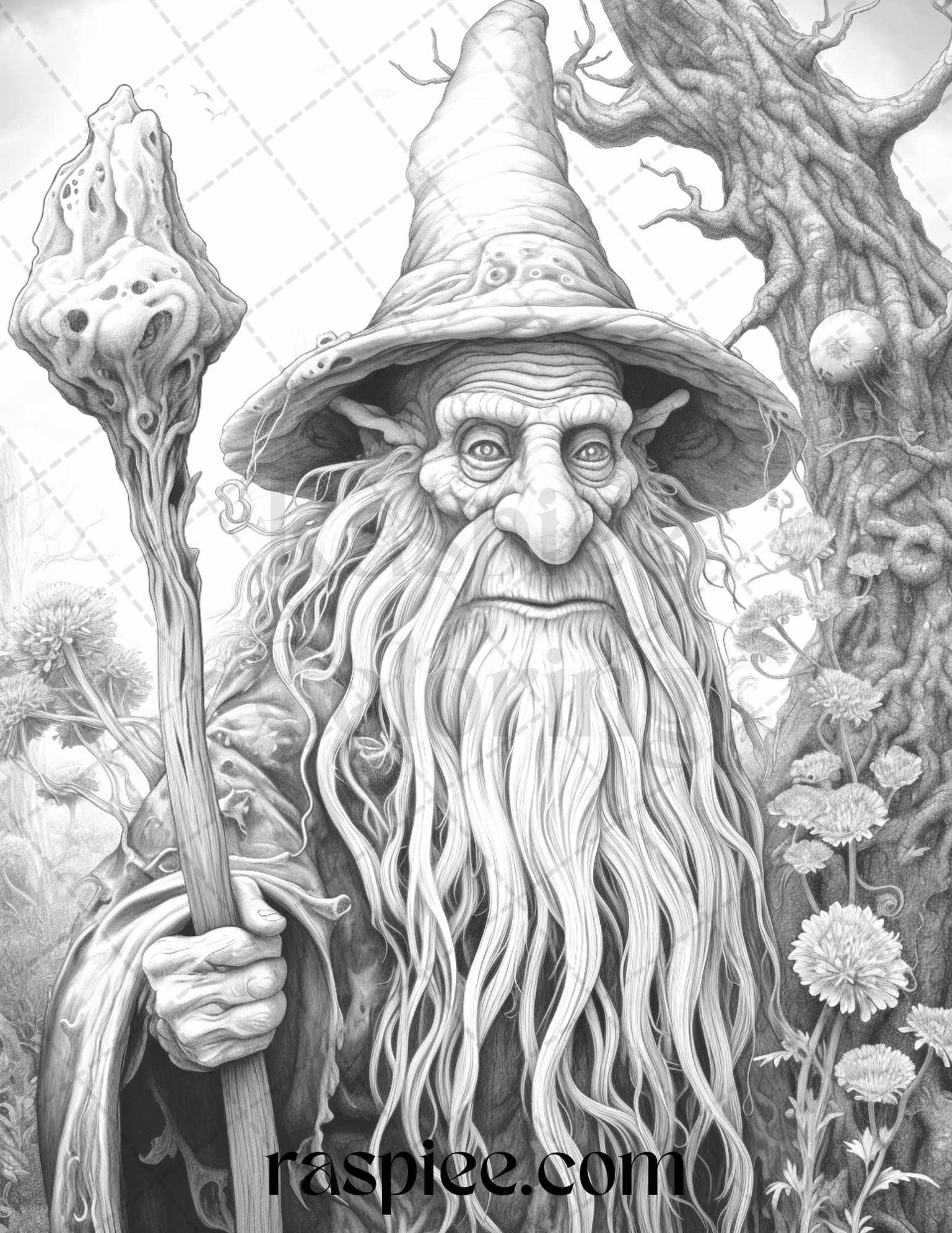 50 Magical Wizard Grayscale Coloring Pages for Adults, Printable PDF File Instant Download