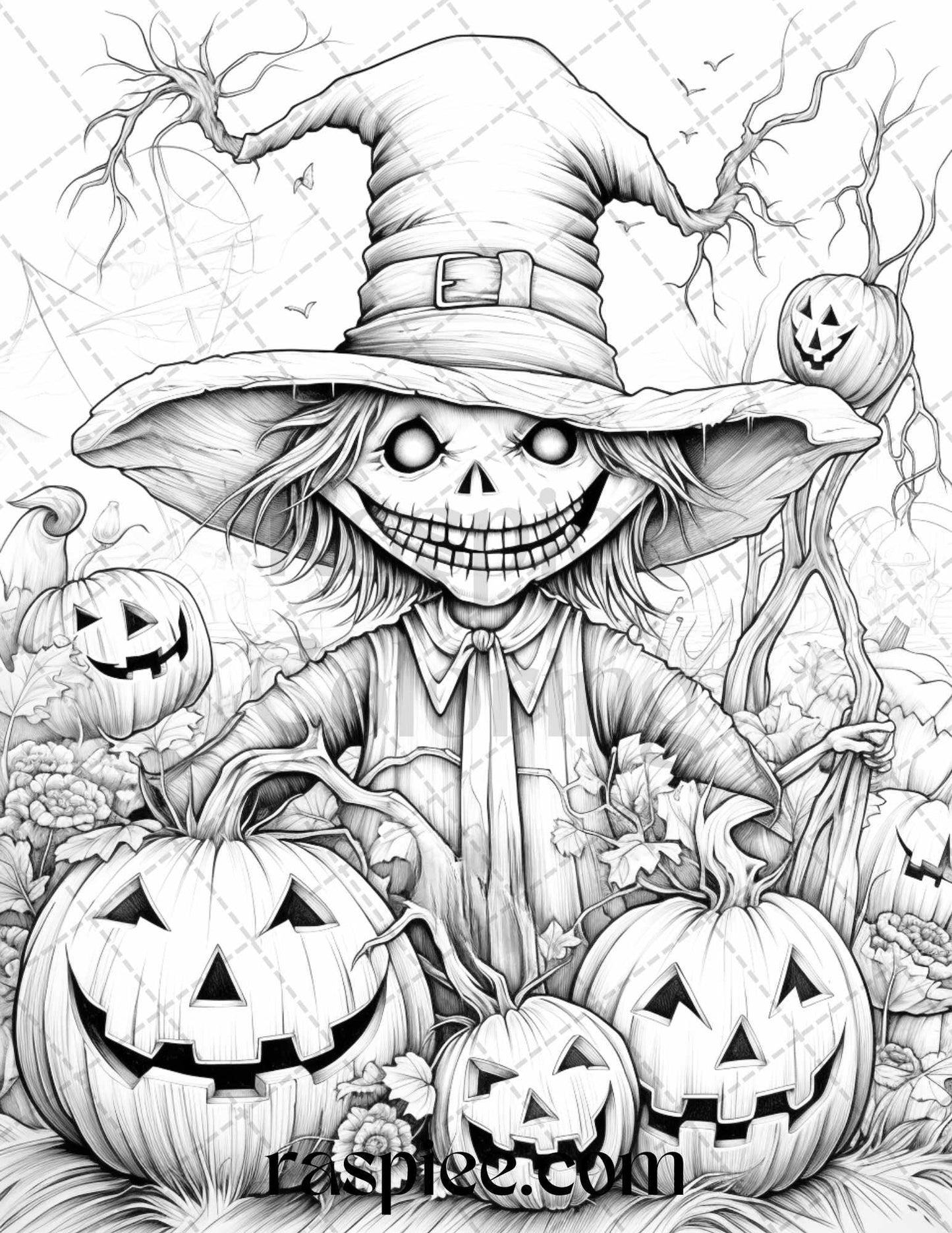 50 Halloween Scarecrows Grayscale Coloring Pages Printable for Adults, PDF File Instant Download