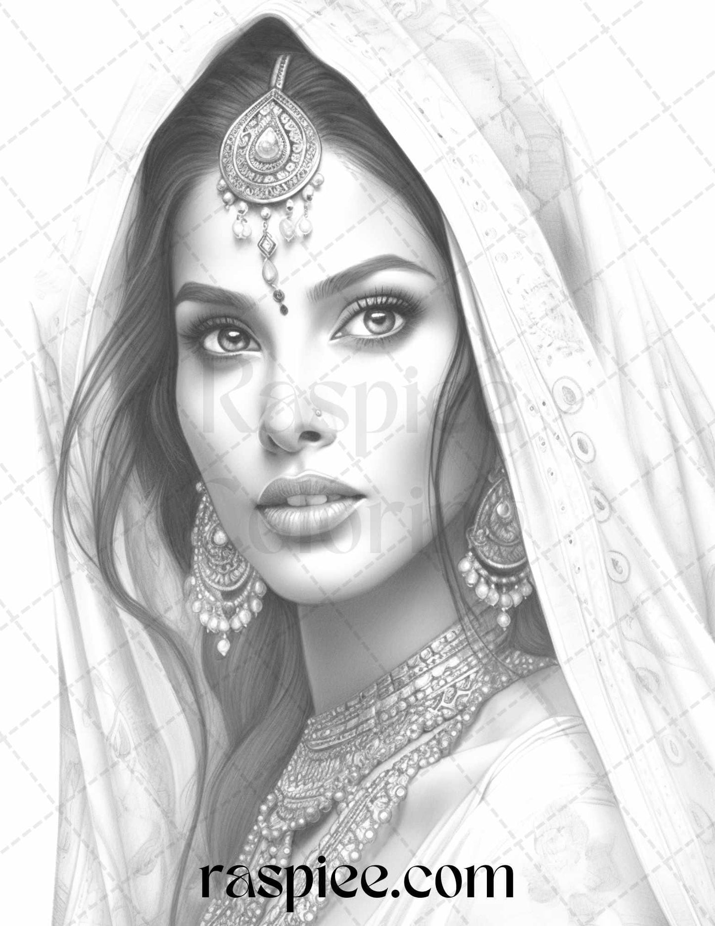 50 Beautiful Indian Women Grayscale Coloring Pages for Adults, Printable PDF File Instant Download