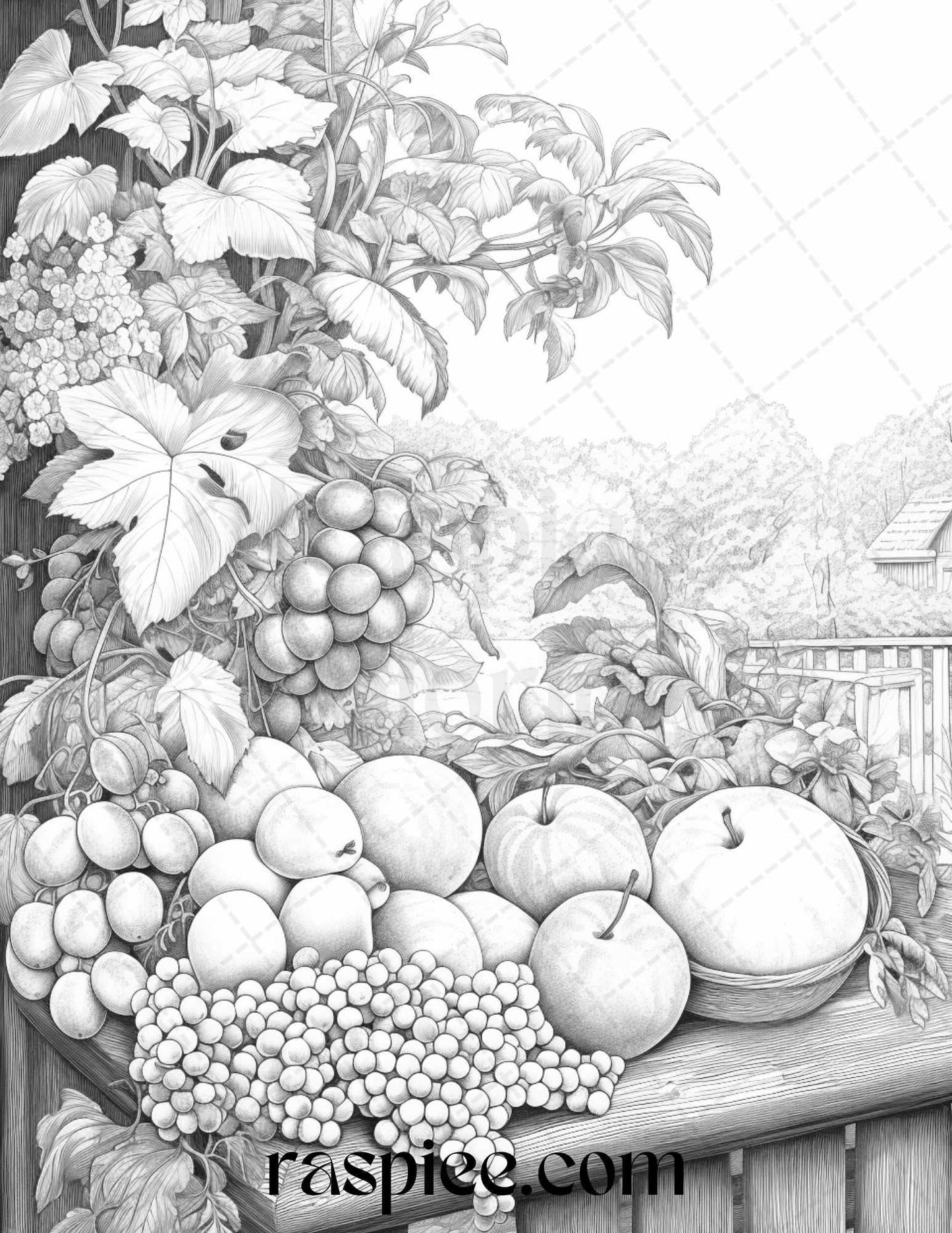 Relaxing Fruit Garden Grayscale Coloring Pages Printable for Adults, PDF File Instant Download