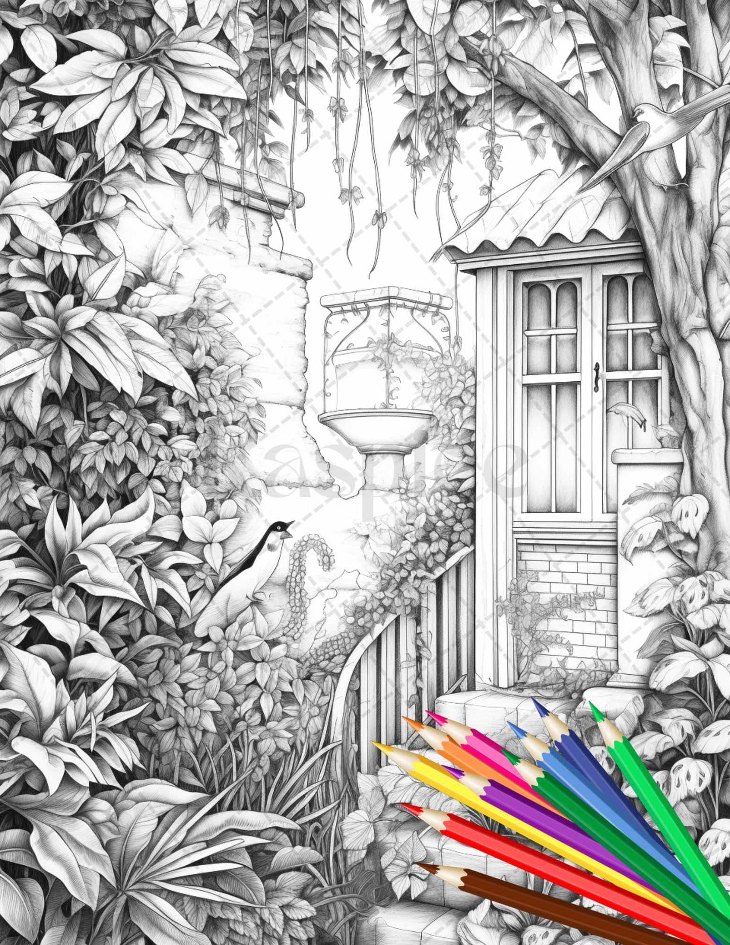 Secret Garden Coloring Pages Printable for Adults, Grayscale Coloring Page, PDF File Instant Download