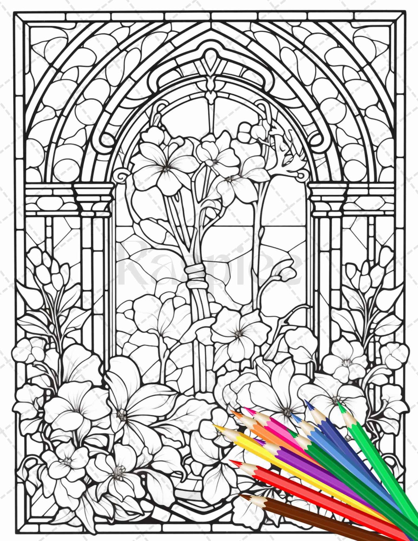 30 Stained Glass Flowers Grayscale Coloring Pages Printable for Adults, PDF File Instant Download