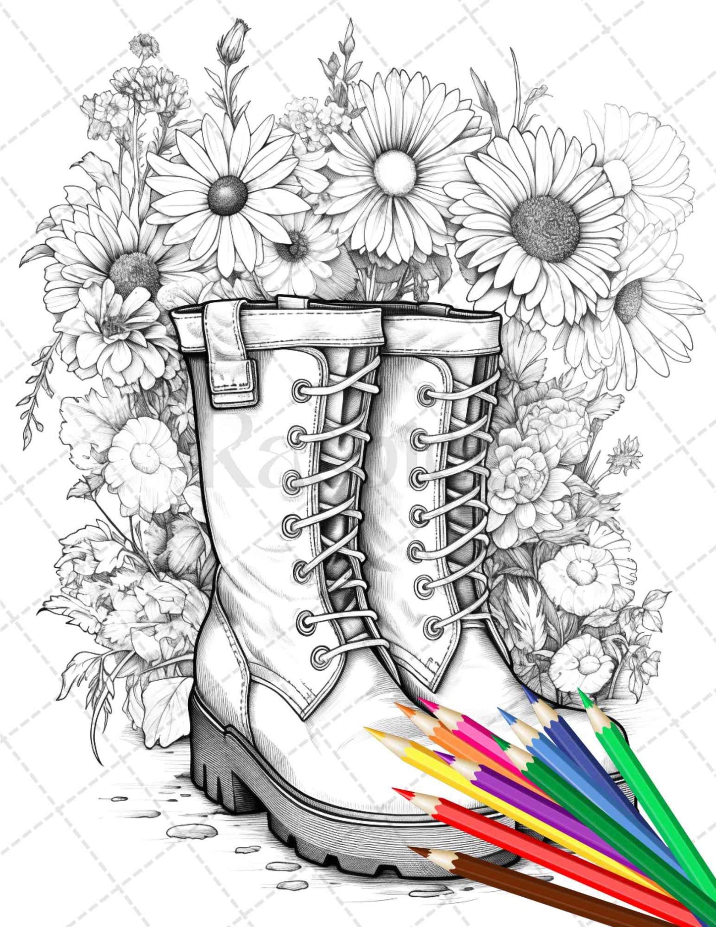 32 Flower Boots Coloring Pages Printable for Adults, Floral Grayscale Coloring Page, PDF File Instant Download