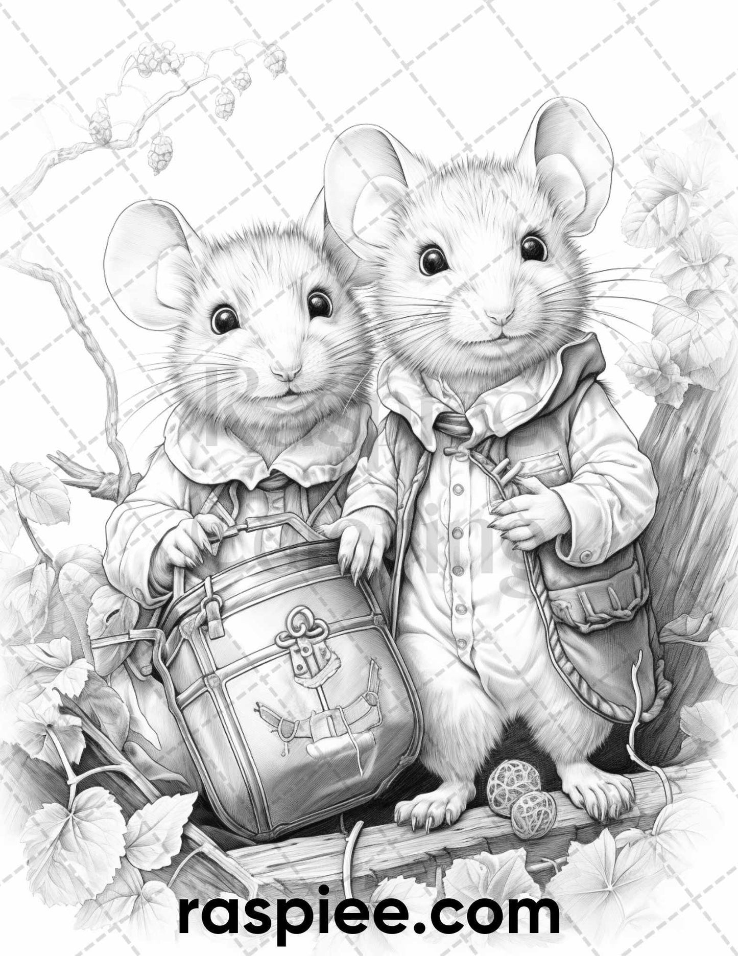 50 Enchanting Fairytale Mice Grayscale Coloring Pages Printable for Adults, PDF File Instant Download