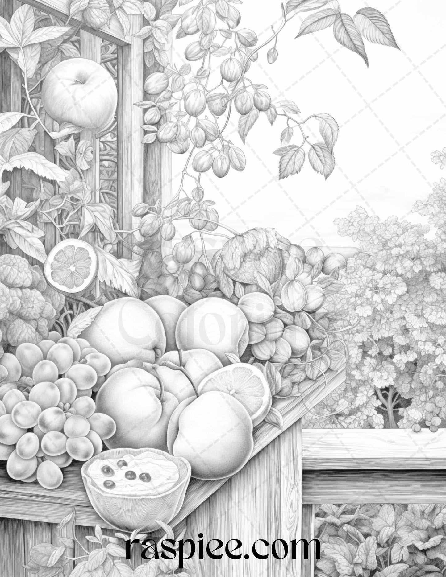 Relaxing Fruit Garden Grayscale Coloring Pages Printable for Adults, PDF File Instant Download