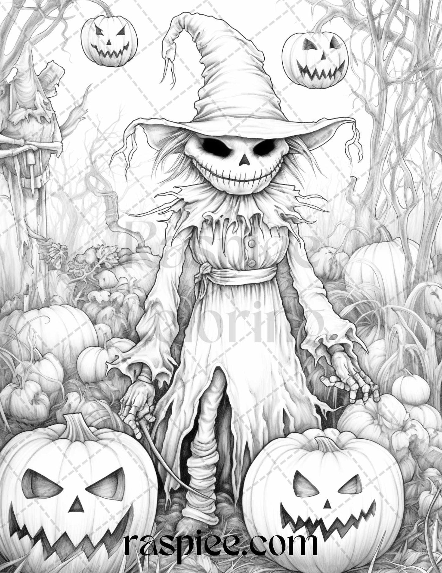 50 Halloween Scarecrows Grayscale Coloring Pages Printable for Adults, PDF File Instant Download