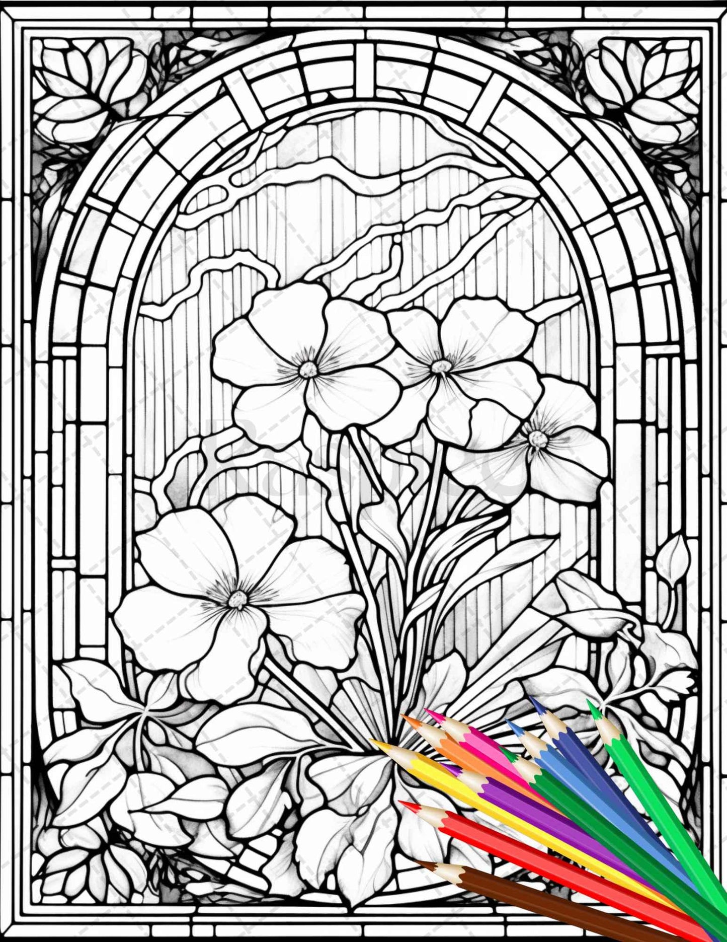 30 Stained Glass Flowers Grayscale Coloring Pages Printable for Adults, PDF File Instant Download