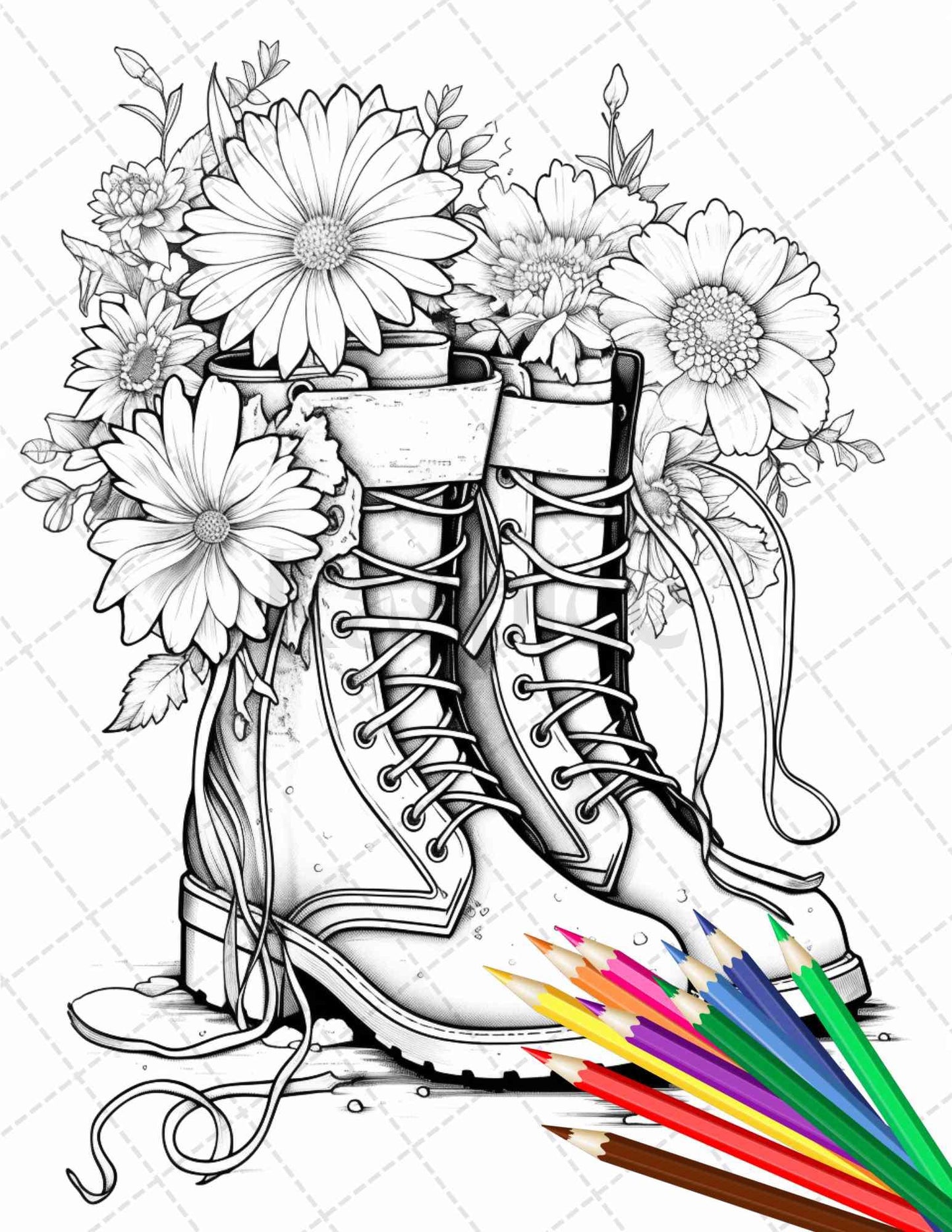 32 Flower Boots Coloring Pages Printable for Adults, Floral Grayscale Coloring Page, PDF File Instant Download