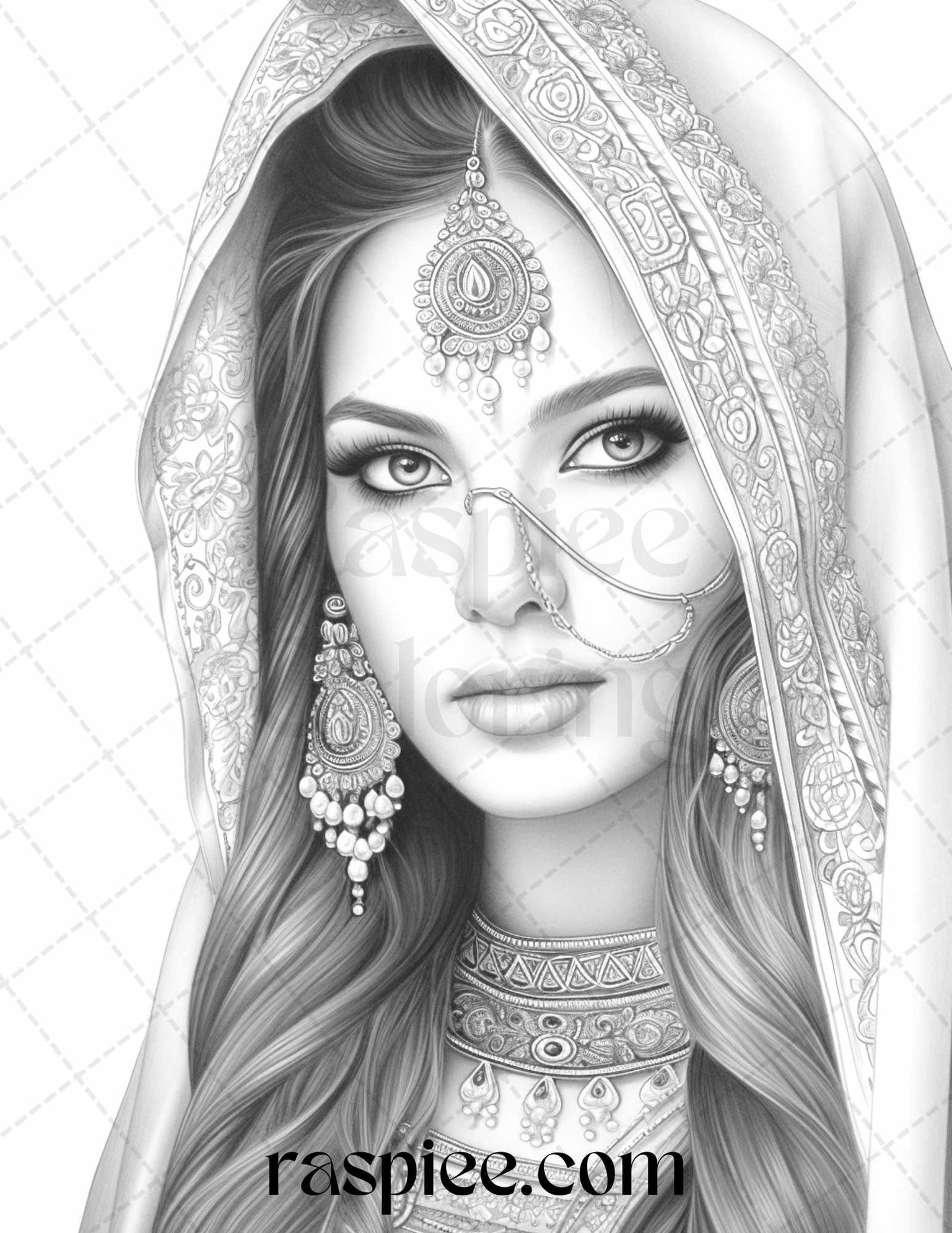 50 Beautiful Indian Women Grayscale Coloring Pages for Adults, Printable PDF File Instant Download