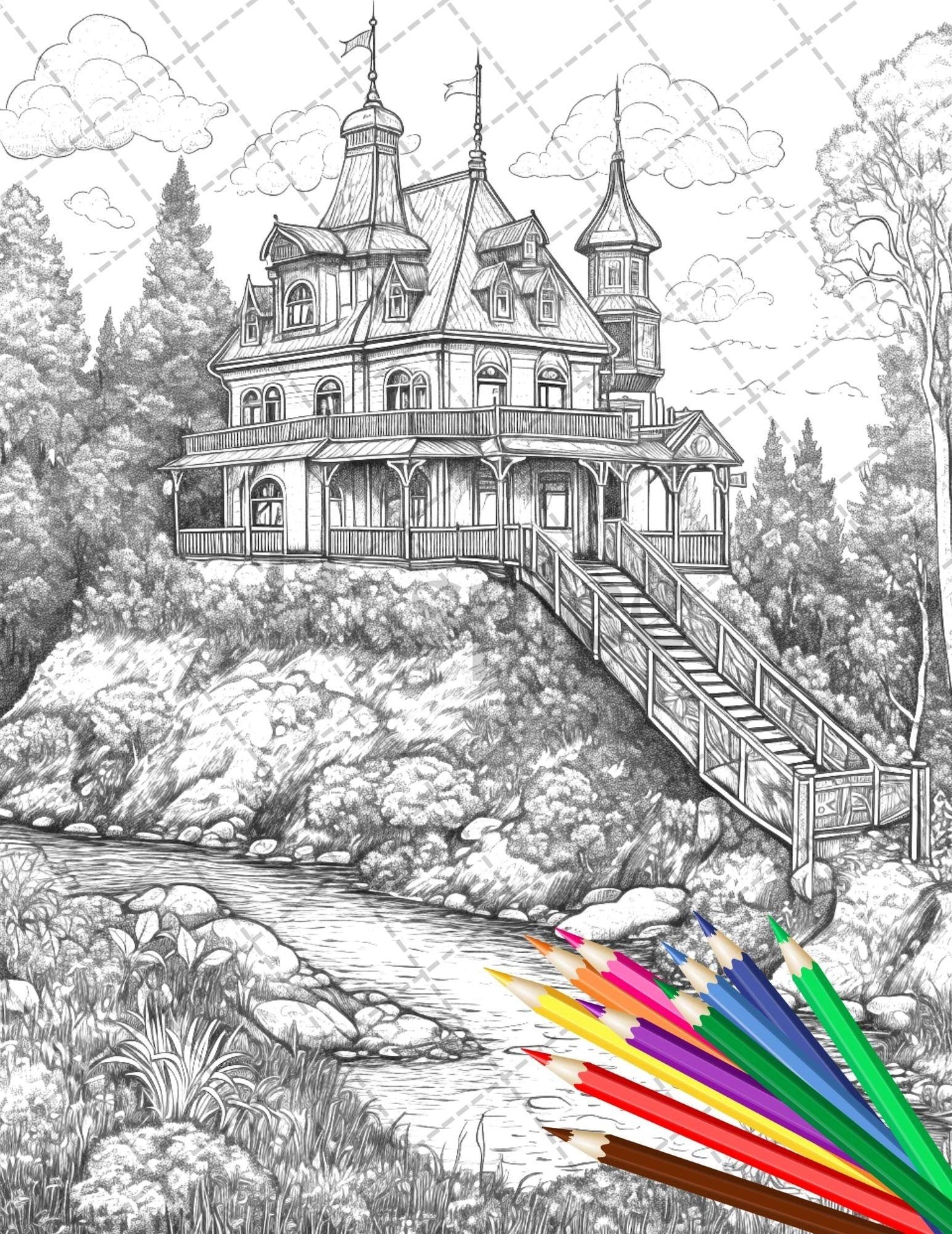 122 Fantasy Castles Coloring Book for Adults, Grayscale Coloring Page, Printable PDF Instant Download