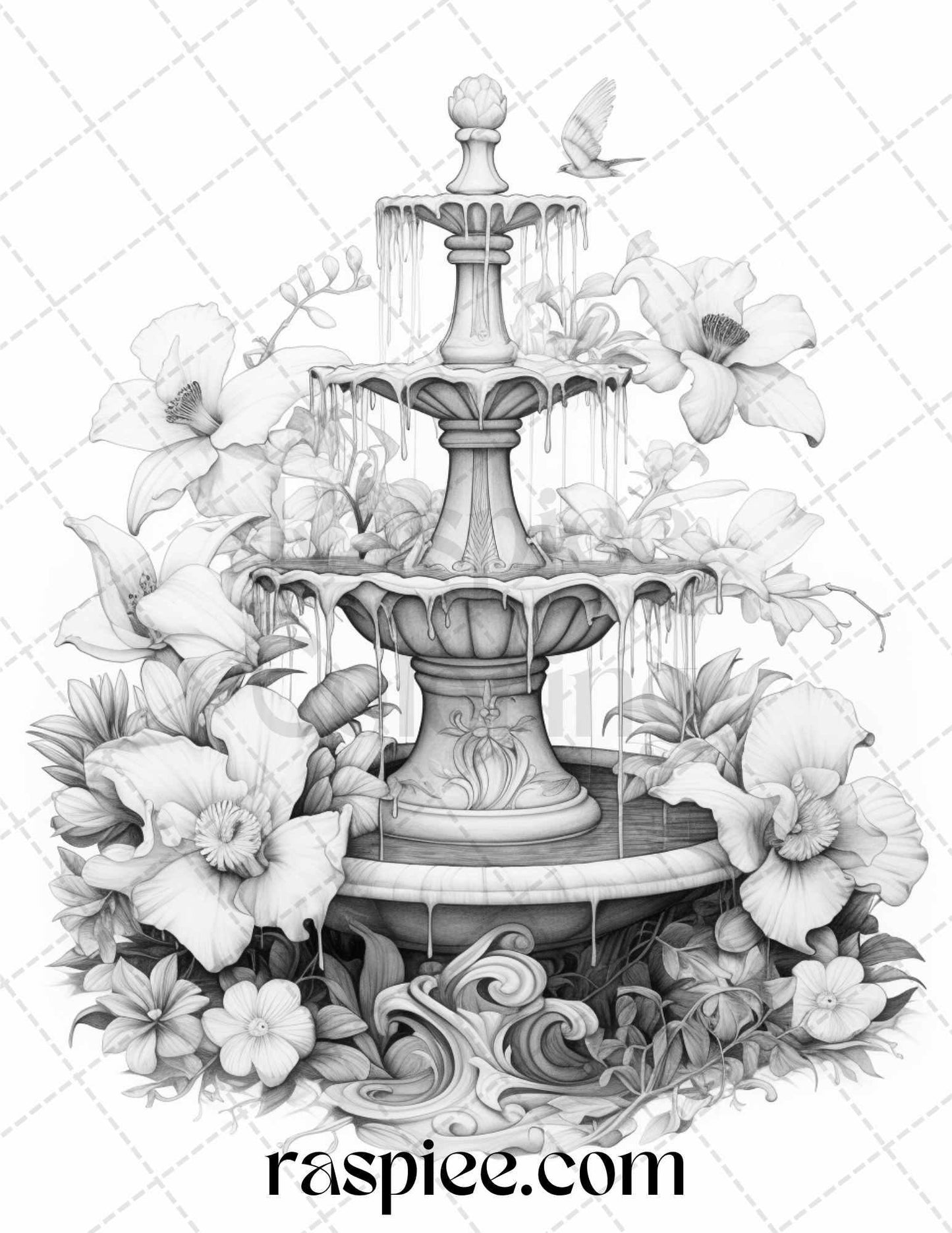32 Blooming Fountains Grayscale Coloring Pages Printable for Adults, PDF File Instant Download