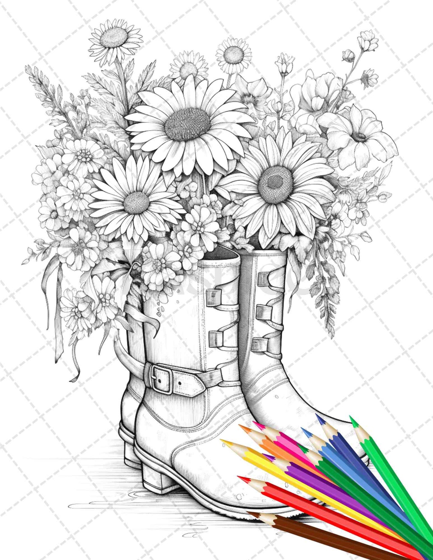 32 Flower Boots Coloring Pages Printable for Adults, Floral Grayscale Coloring Page, PDF File Instant Download