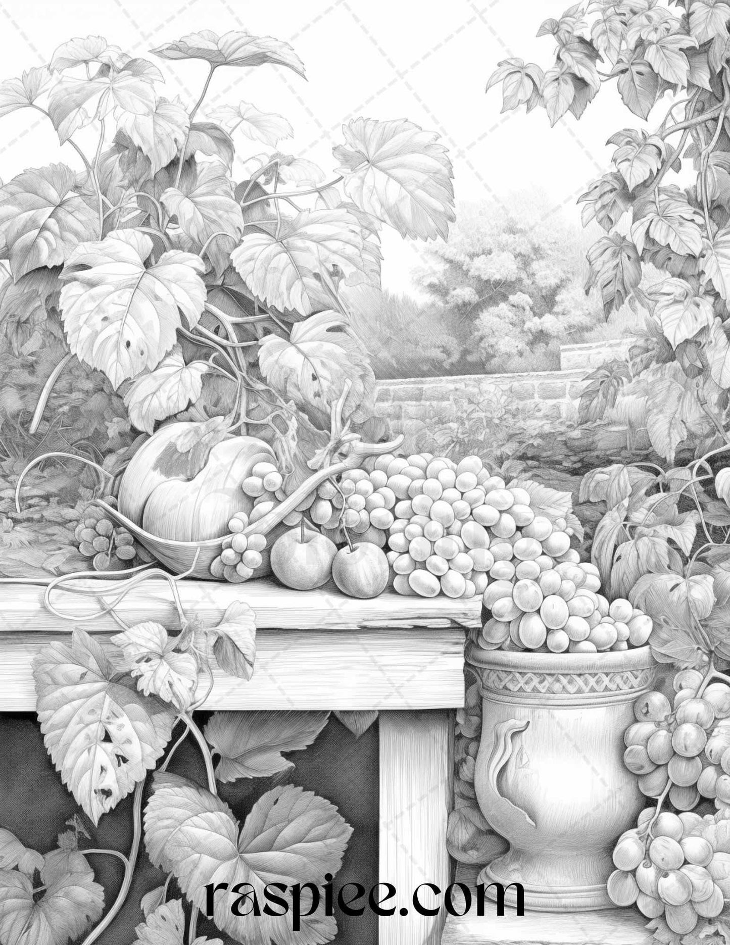 Relaxing Fruit Garden Grayscale Coloring Pages Printable for Adults, PDF File Instant Download