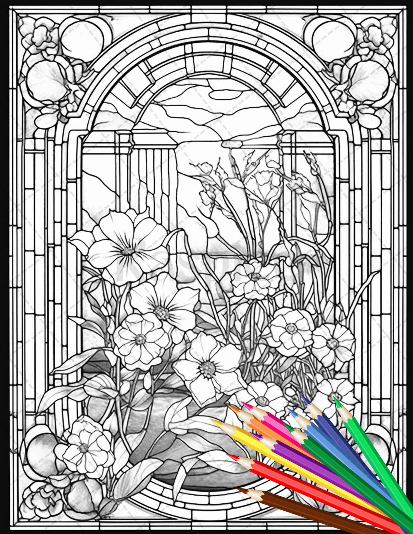 30 Stained Glass Flowers Grayscale Coloring Pages Printable for Adults, PDF File Instant Download