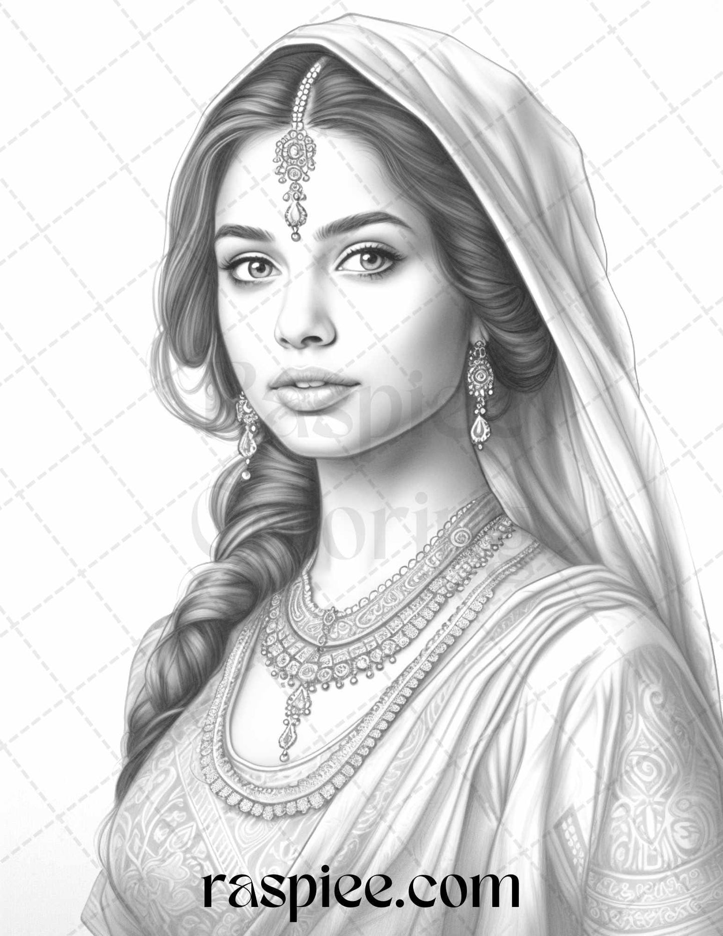 50 Beautiful Indian Women Grayscale Coloring Pages for Adults, Printable PDF File Instant Download