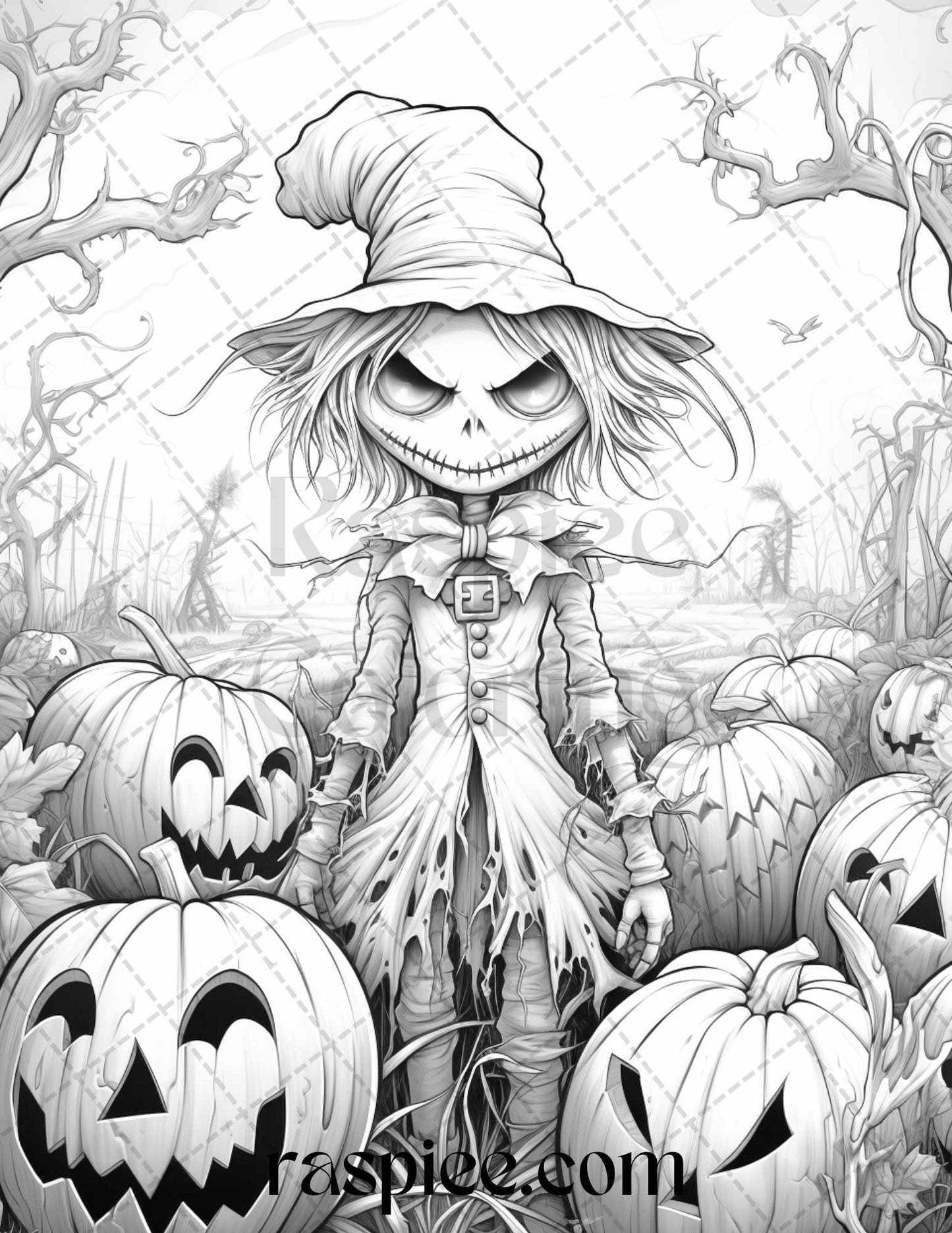 50 Halloween Scarecrows Grayscale Coloring Pages Printable for Adults, PDF File Instant Download