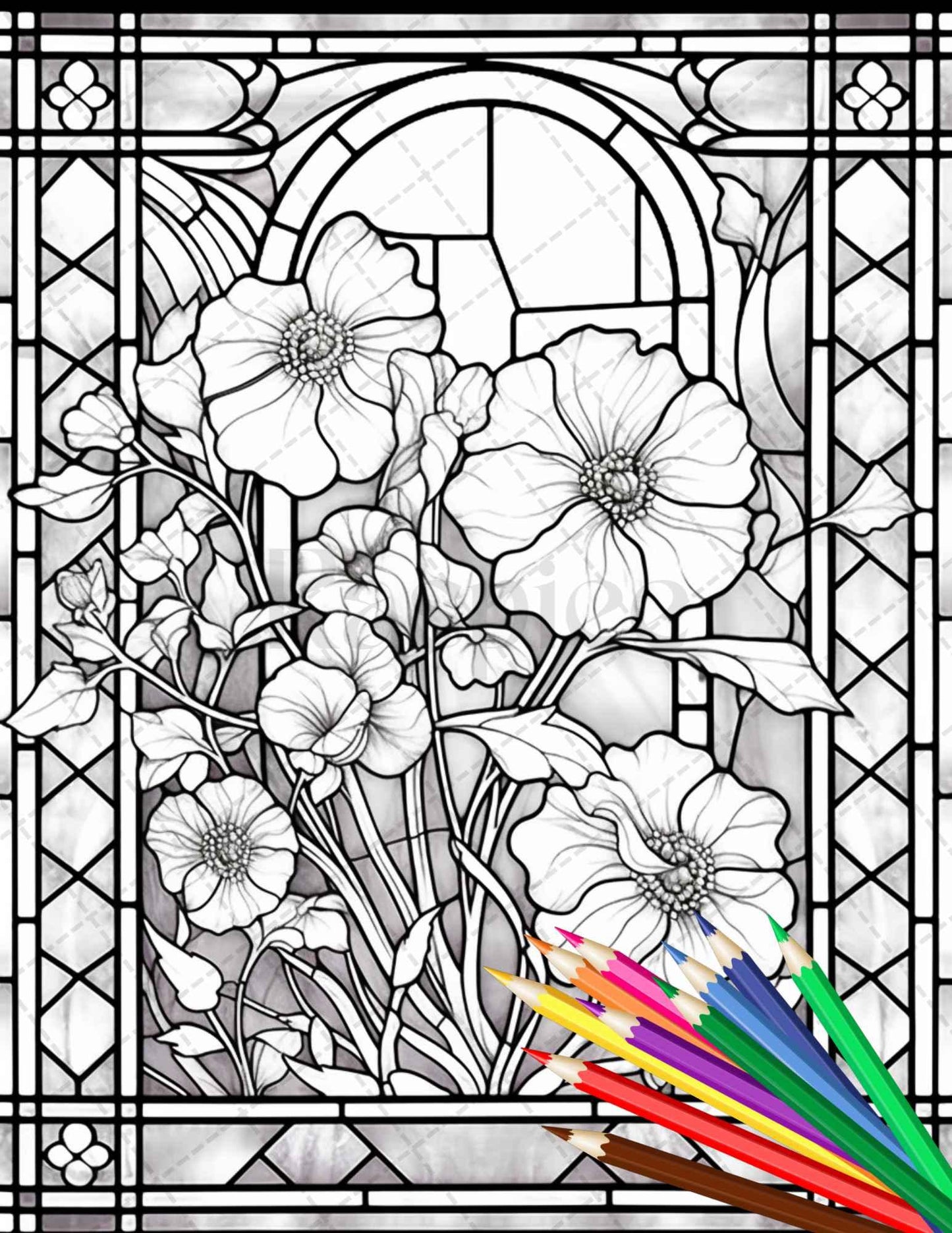 30 Stained Glass Flowers Grayscale Coloring Pages Printable for Adults, PDF File Instant Download