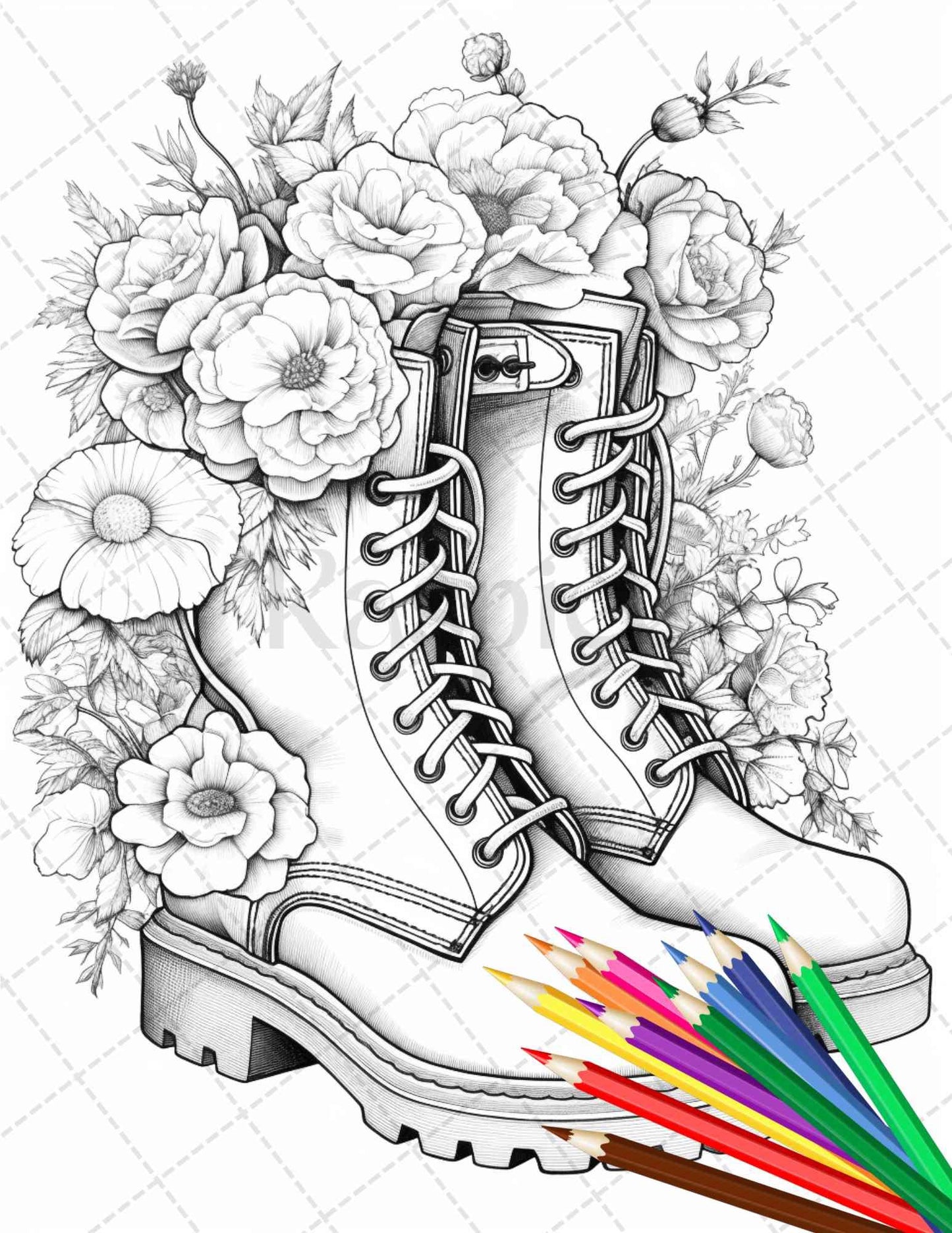 32 Flower Boots Coloring Pages Printable for Adults, Floral Grayscale Coloring Page, PDF File Instant Download