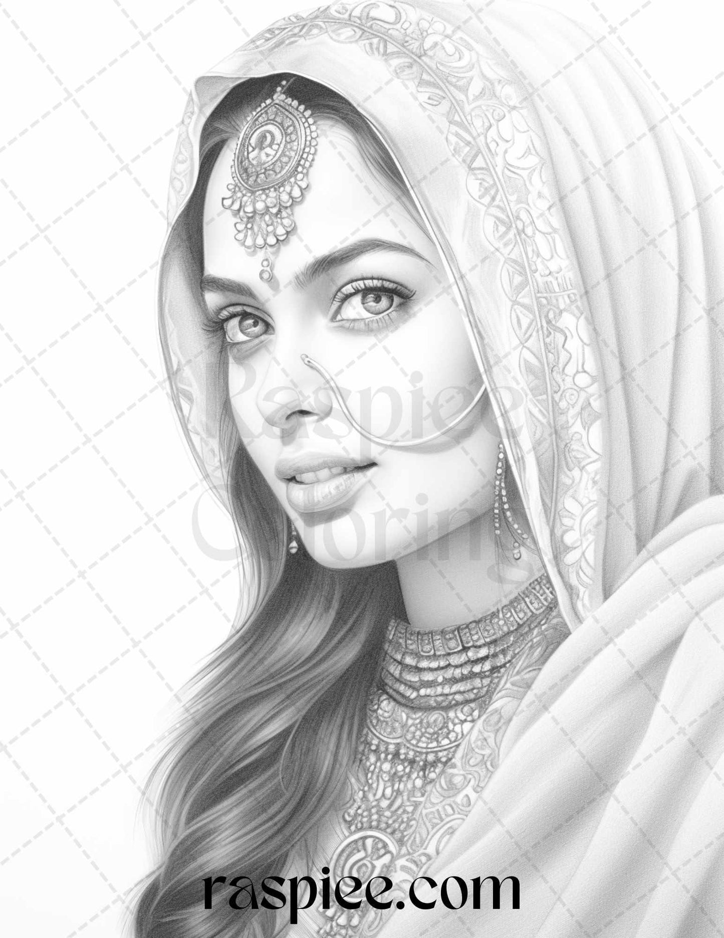 50 Beautiful Indian Women Grayscale Coloring Pages for Adults, Printable PDF File Instant Download