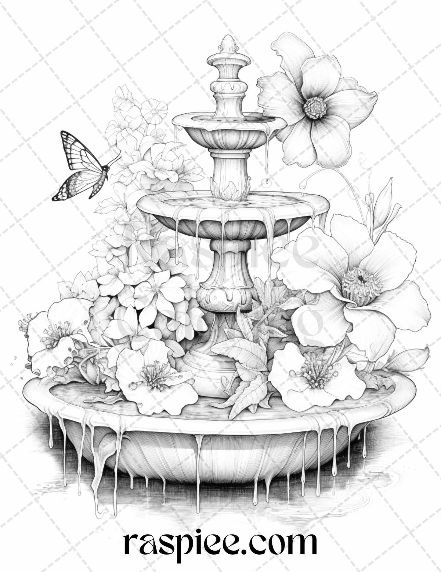 32 Blooming Fountains Grayscale Coloring Pages Printable for Adults, PDF File Instant Download