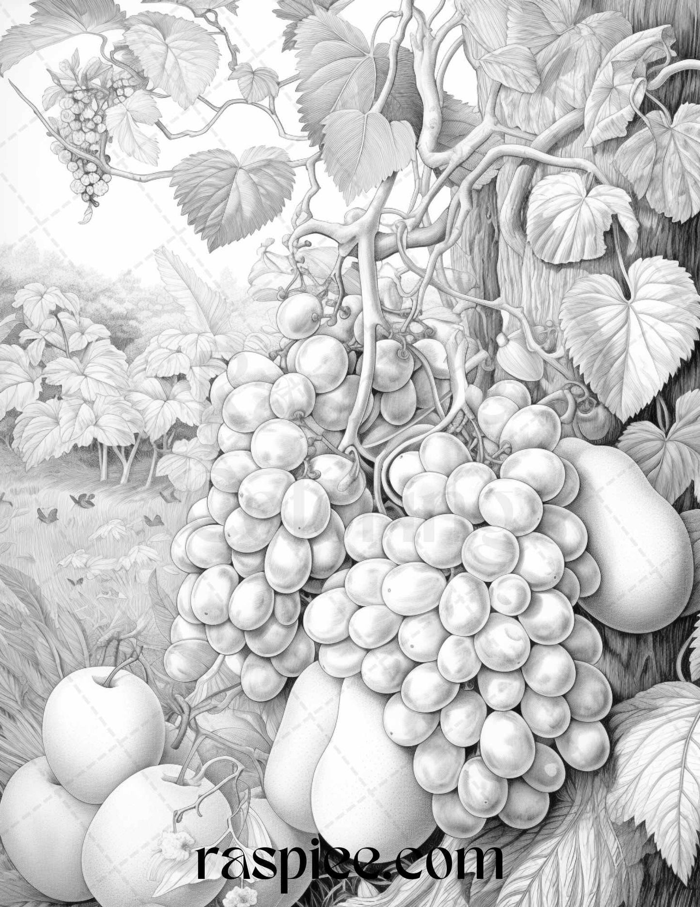 Relaxing Fruit Garden Grayscale Coloring Pages Printable for Adults, PDF File Instant Download