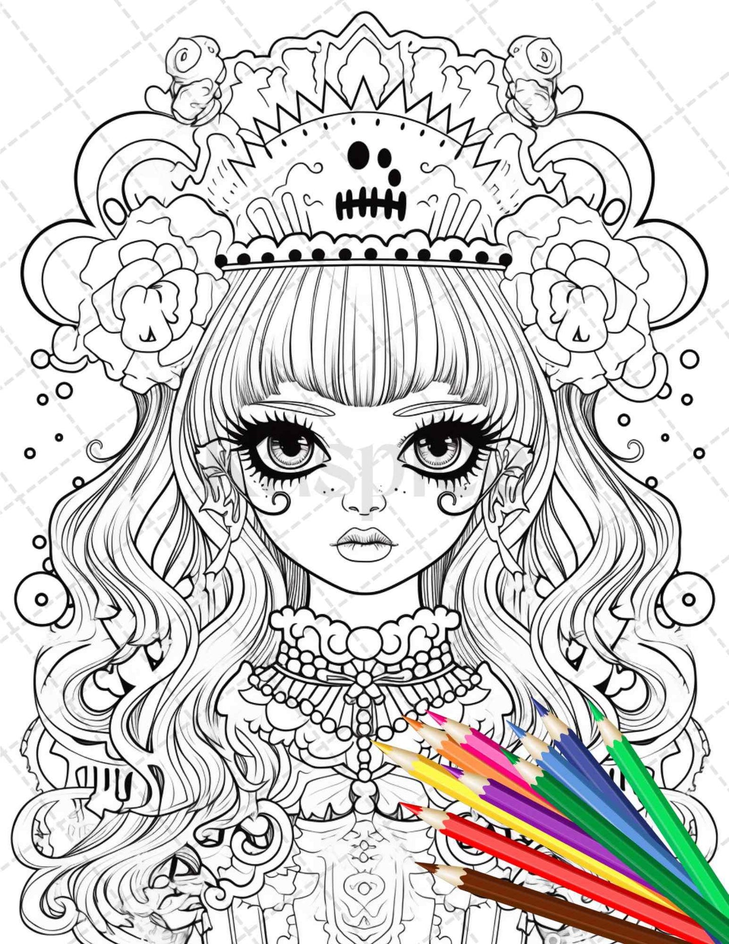 32 Creepy Kawaii Pastel Goth Coloring Pages Printable for Adults, Grayscale Coloring Page, PDF File Instant Download
