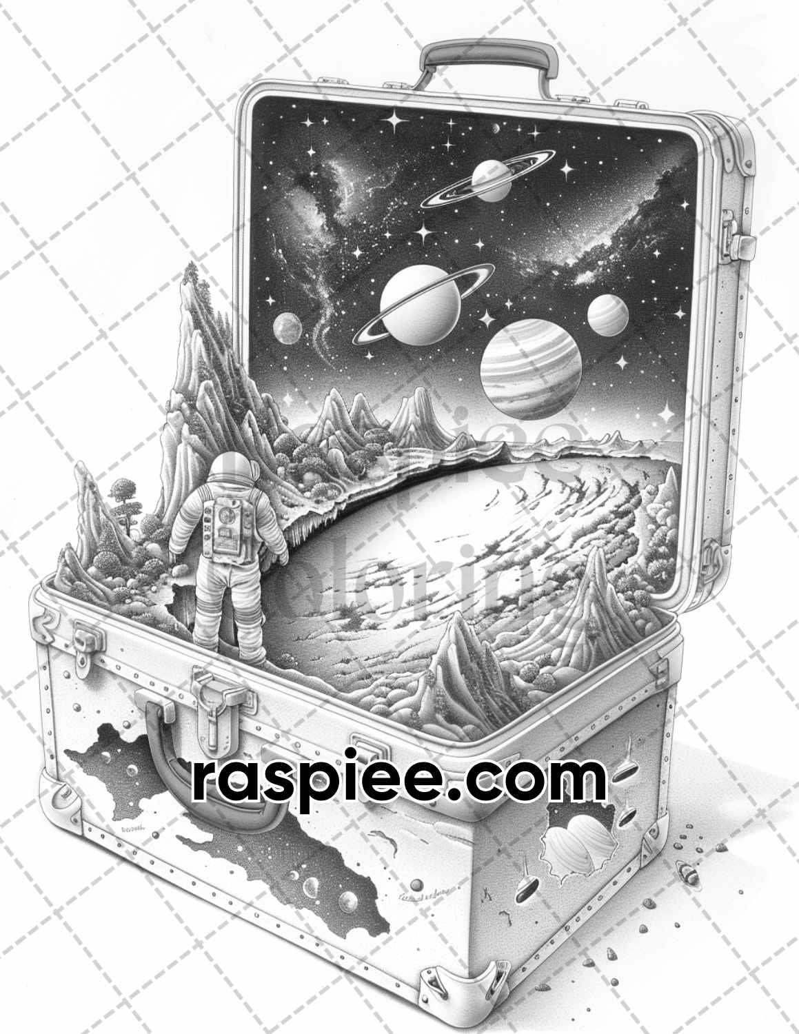 67 Worlds in a Suitcase Grayscale Adult Coloring Pages, Printable PDF Instant Download