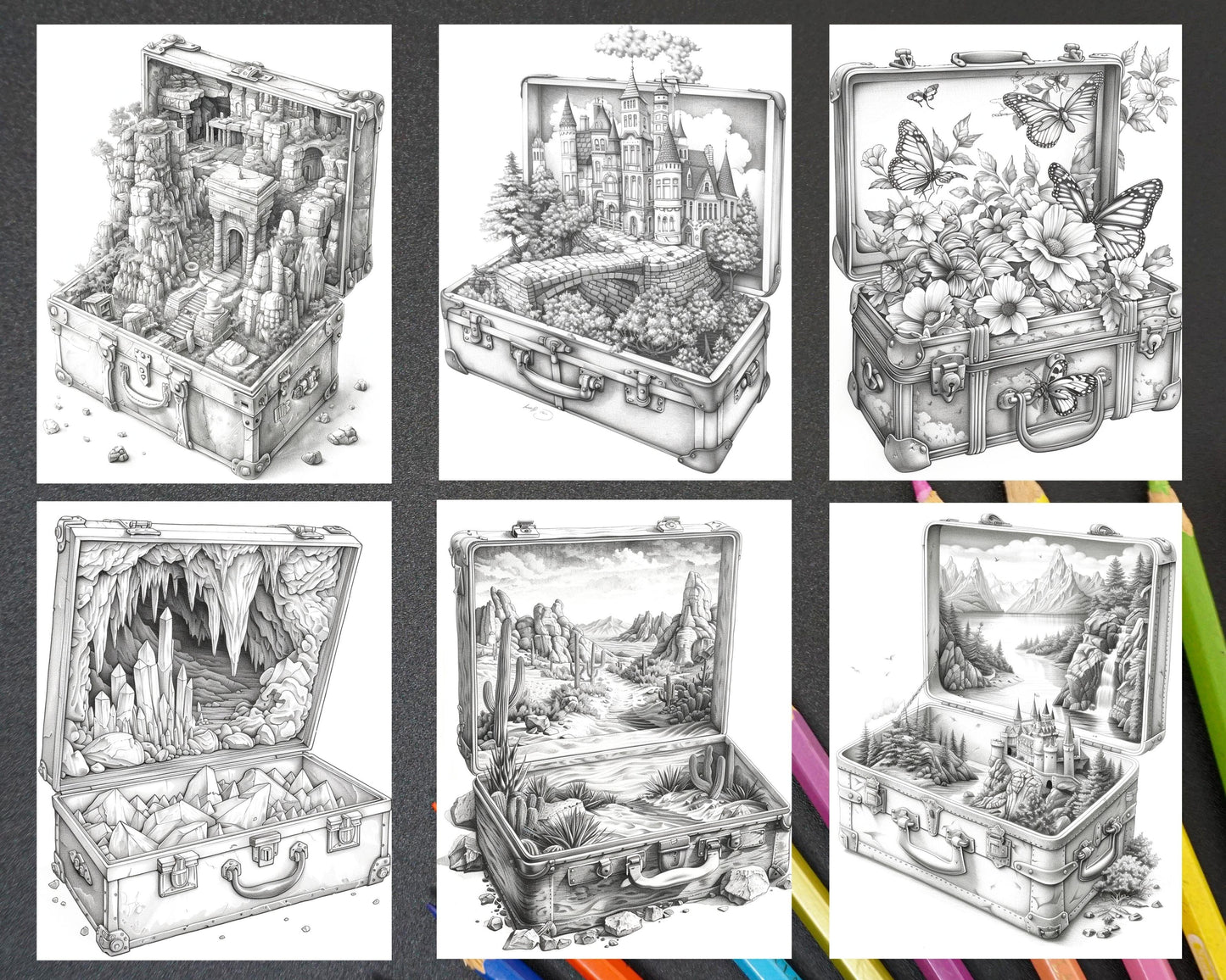67 Worlds in a Suitcase Grayscale Adult Coloring Pages, Printable PDF Instant Download